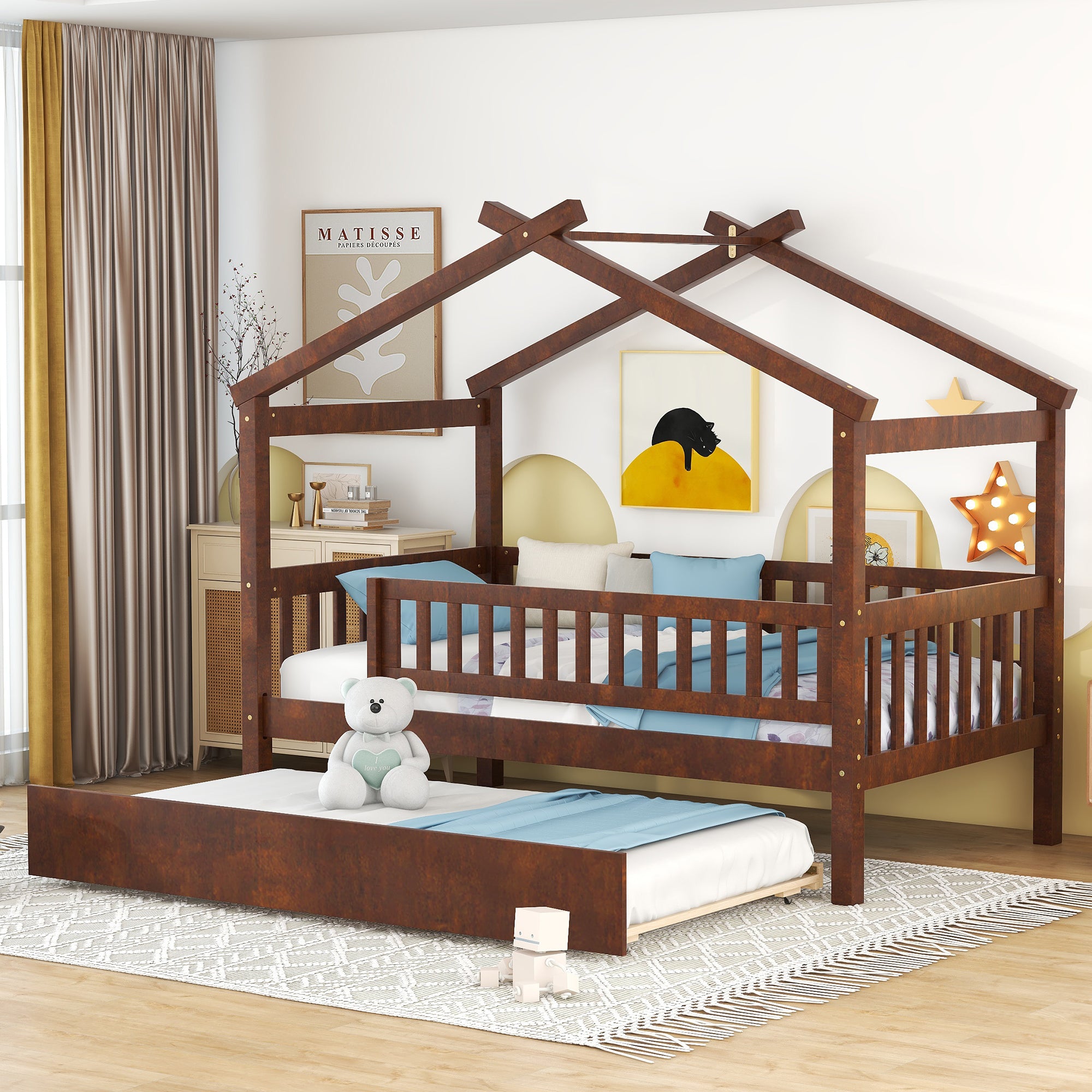 Twin Size Wooden House Bed with Twin Size Trundle, Walnut - Atlantic Fine Furniture Melbourne FL