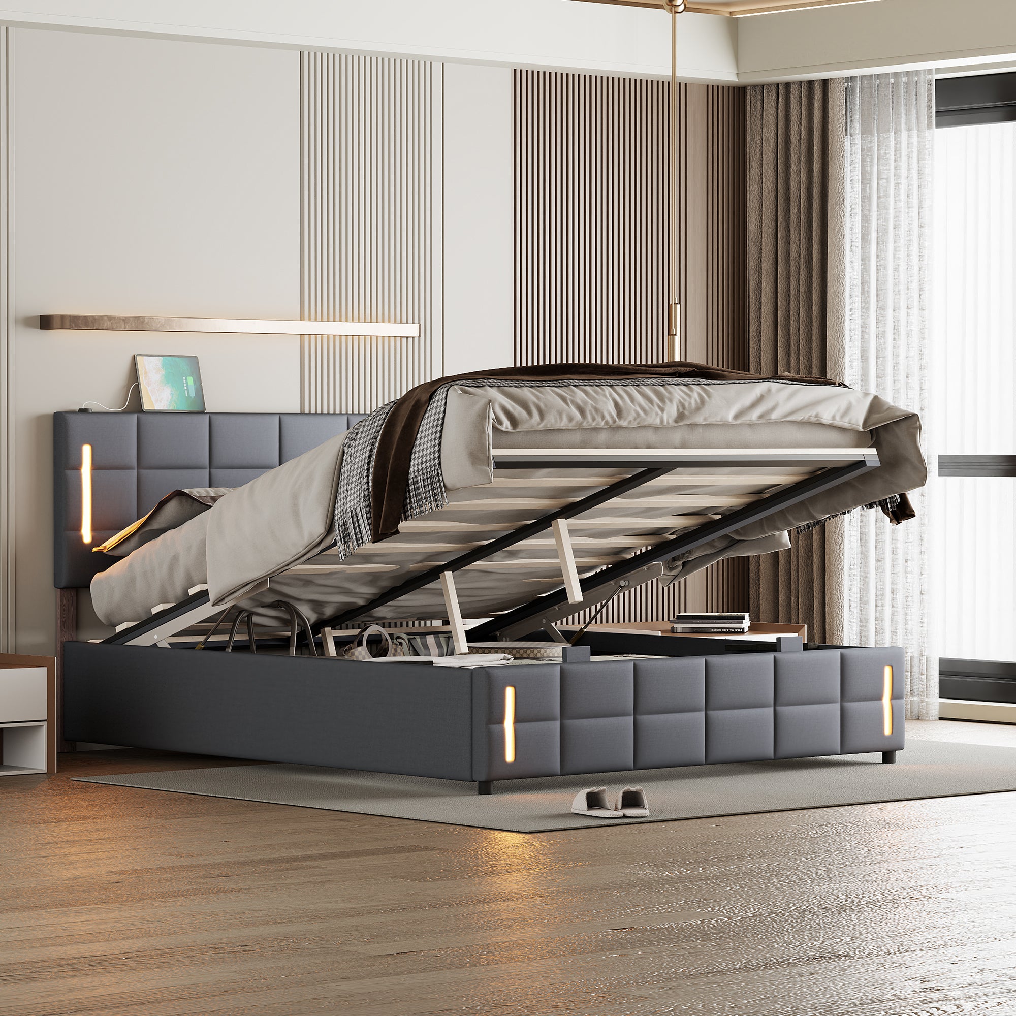 Full Size Upholstered Bed with Hydraulic Storage System and LED Light, Gray - Atlantic Fine Furniture Melbourne FL