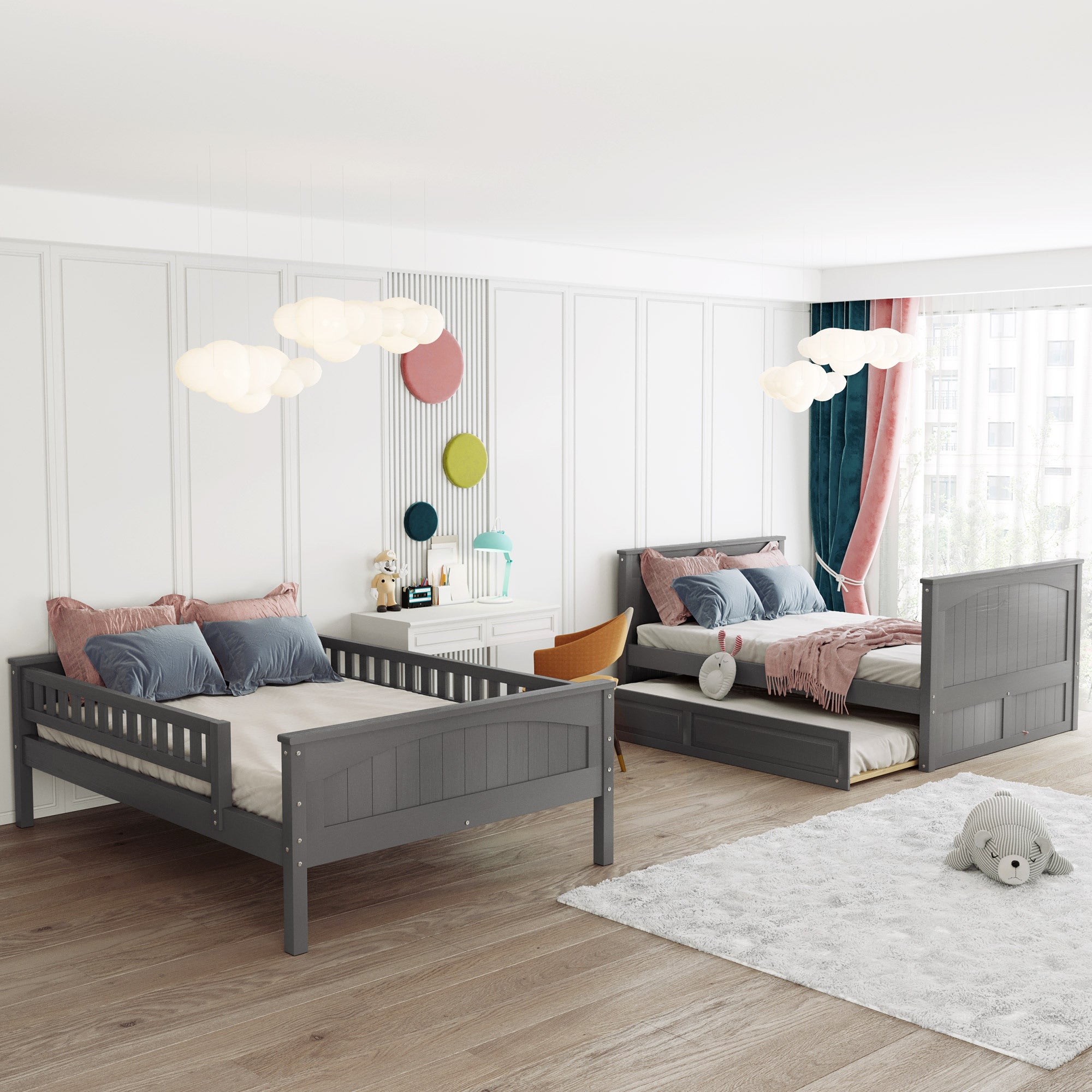 Full Over Full Bunk Bed with Twin Size Trundle, Pine Wood Bunk Bed with Guardrails, Brushed Gray(Old SKU:LP000044AAN)