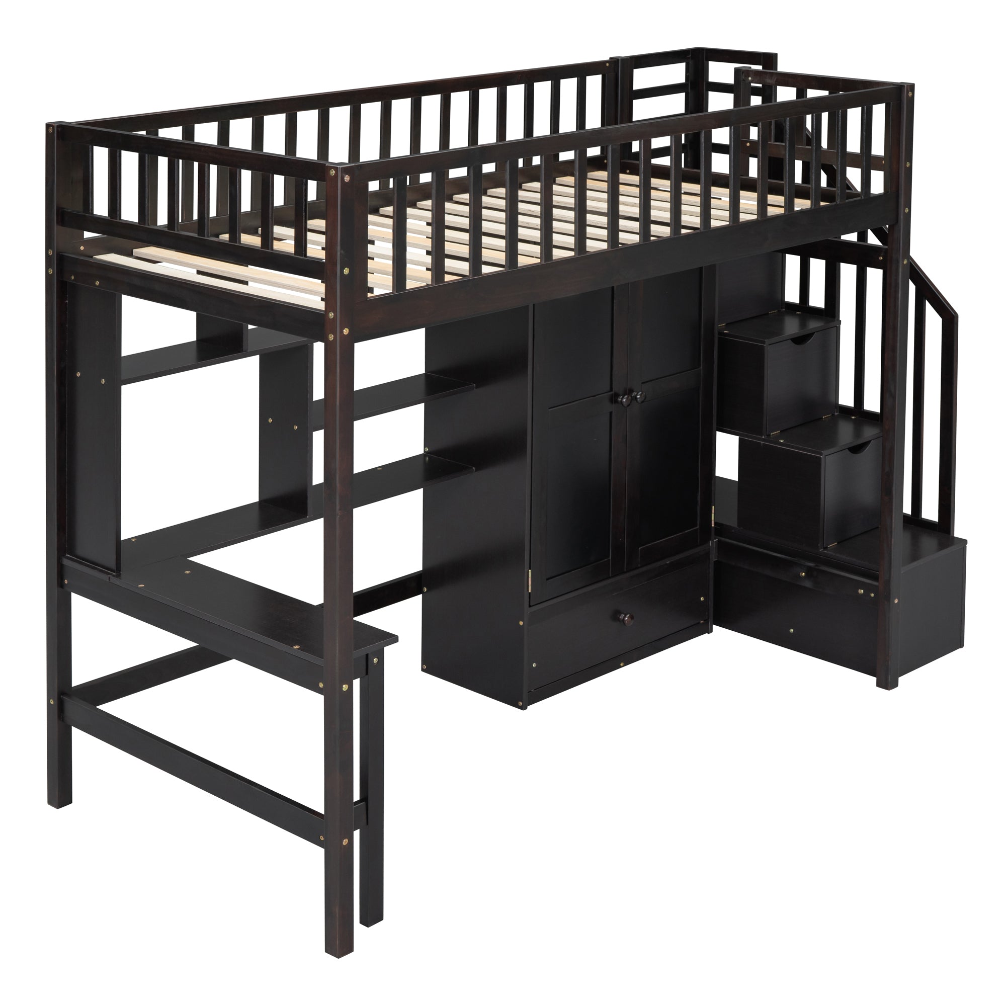 Twin size Loft Bed with Bookshelf,Drawers,Desk,and Wardrobe-Espresso - Atlantic Fine Furniture Melbourne FL
