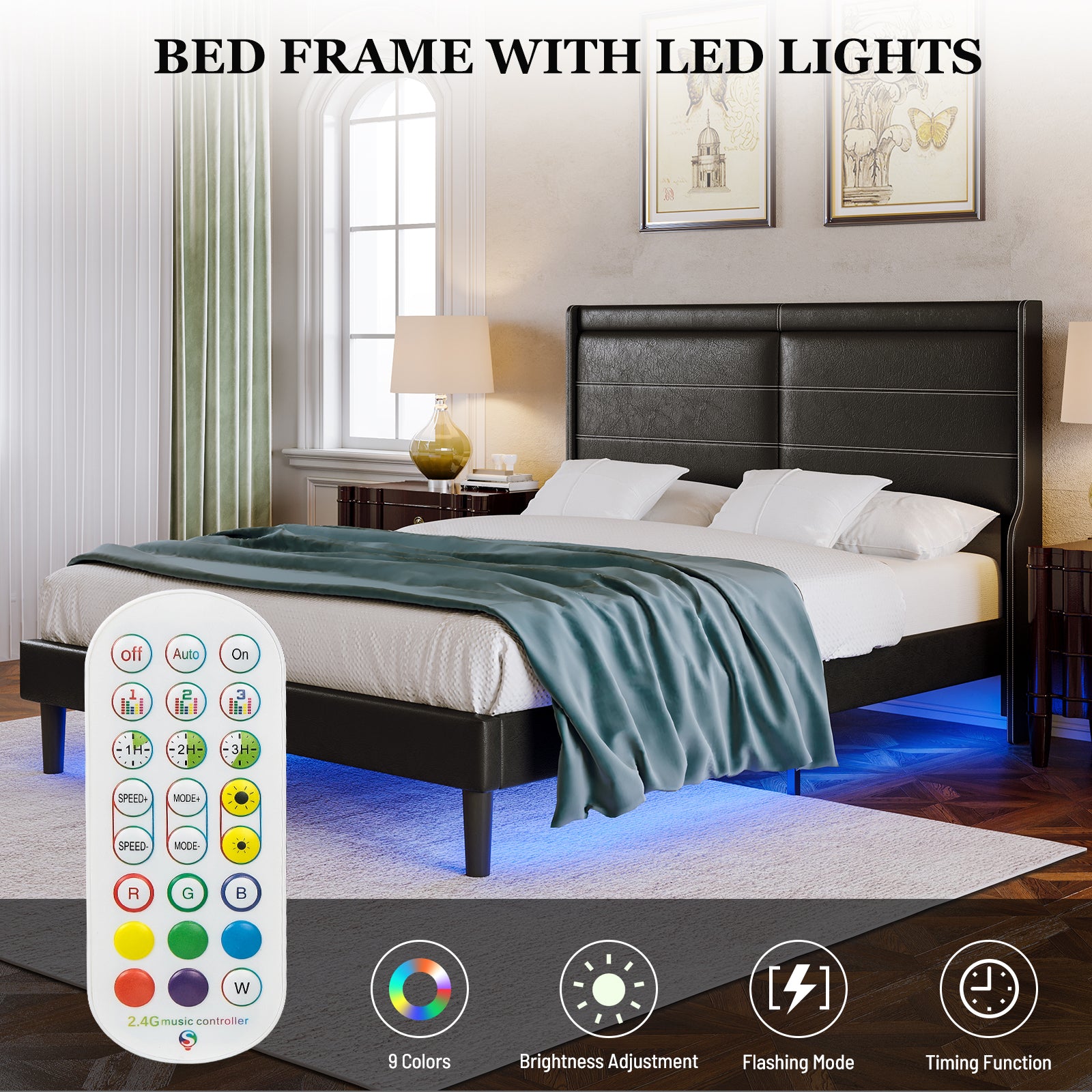 Stylish Queen Size PU Leather Upholstered Bed Frame Platform Bed with Lights Stitched Wing-backed Headboard Strong Wooden Slats Bed Canopy No Box Spring Needed Black - Atlantic Fine Furniture Melbourne FL