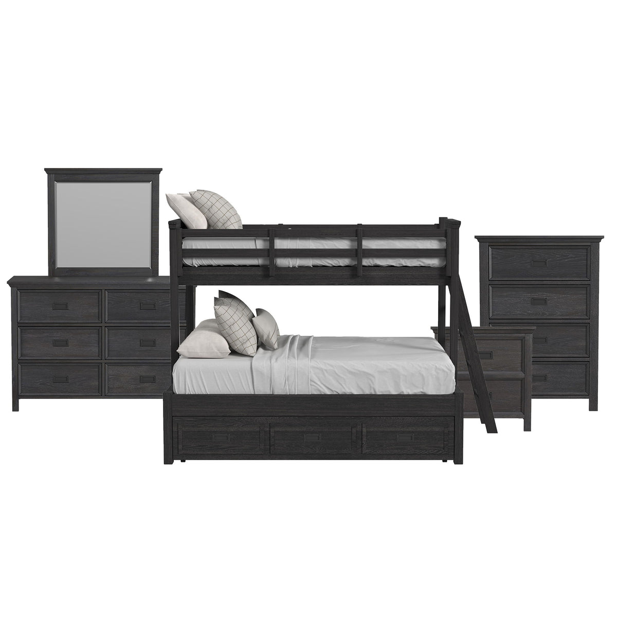 Hampton Kids Bunk With Ladder And Trundle Bedroom Set in Black by Elements International, view 8