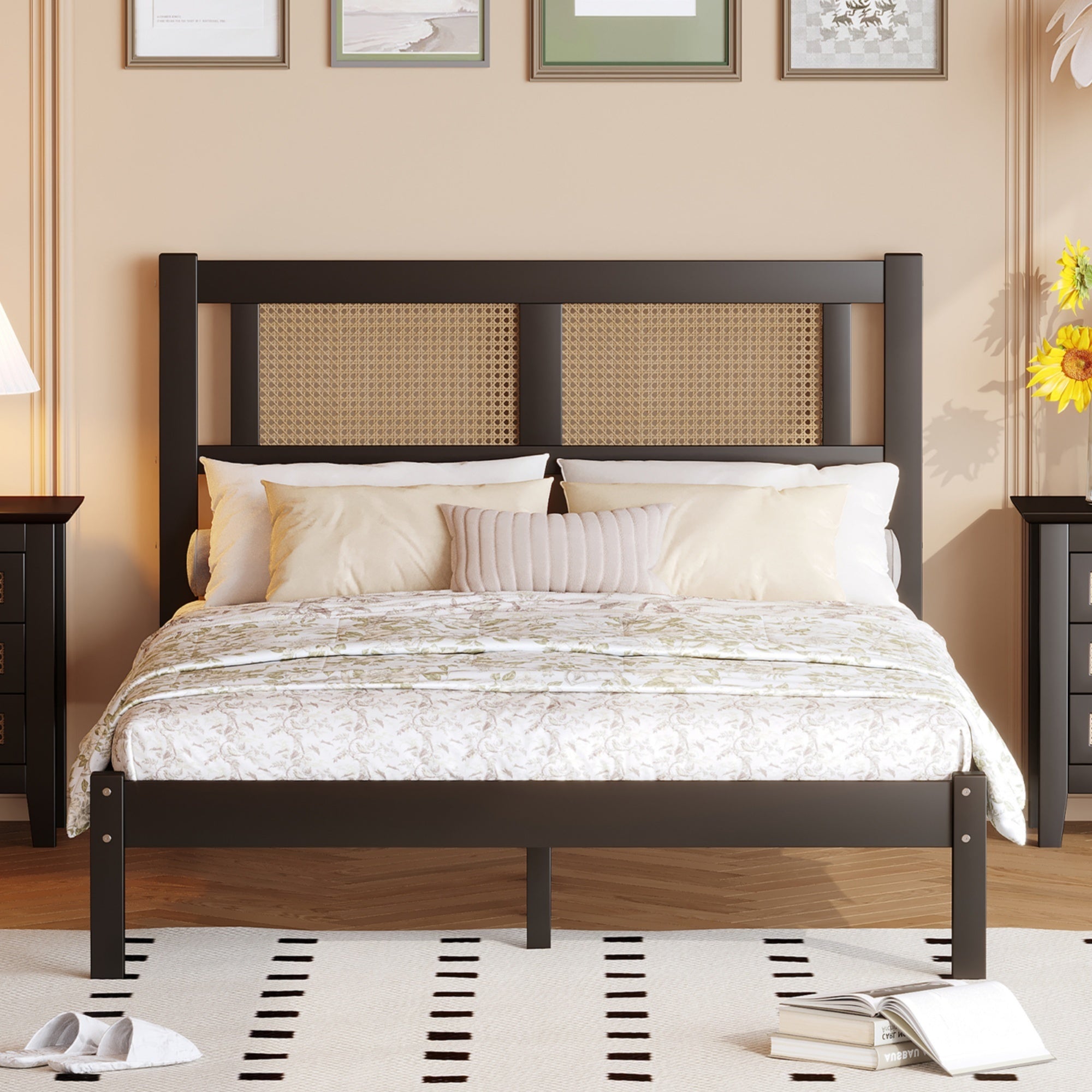 Full Size Wooden Platform Bed with Natural Rattan Headboard, Exquisite Elegance with Minimalist Charm for Bedroom, Black - Atlantic Fine Furniture Melbourne FL