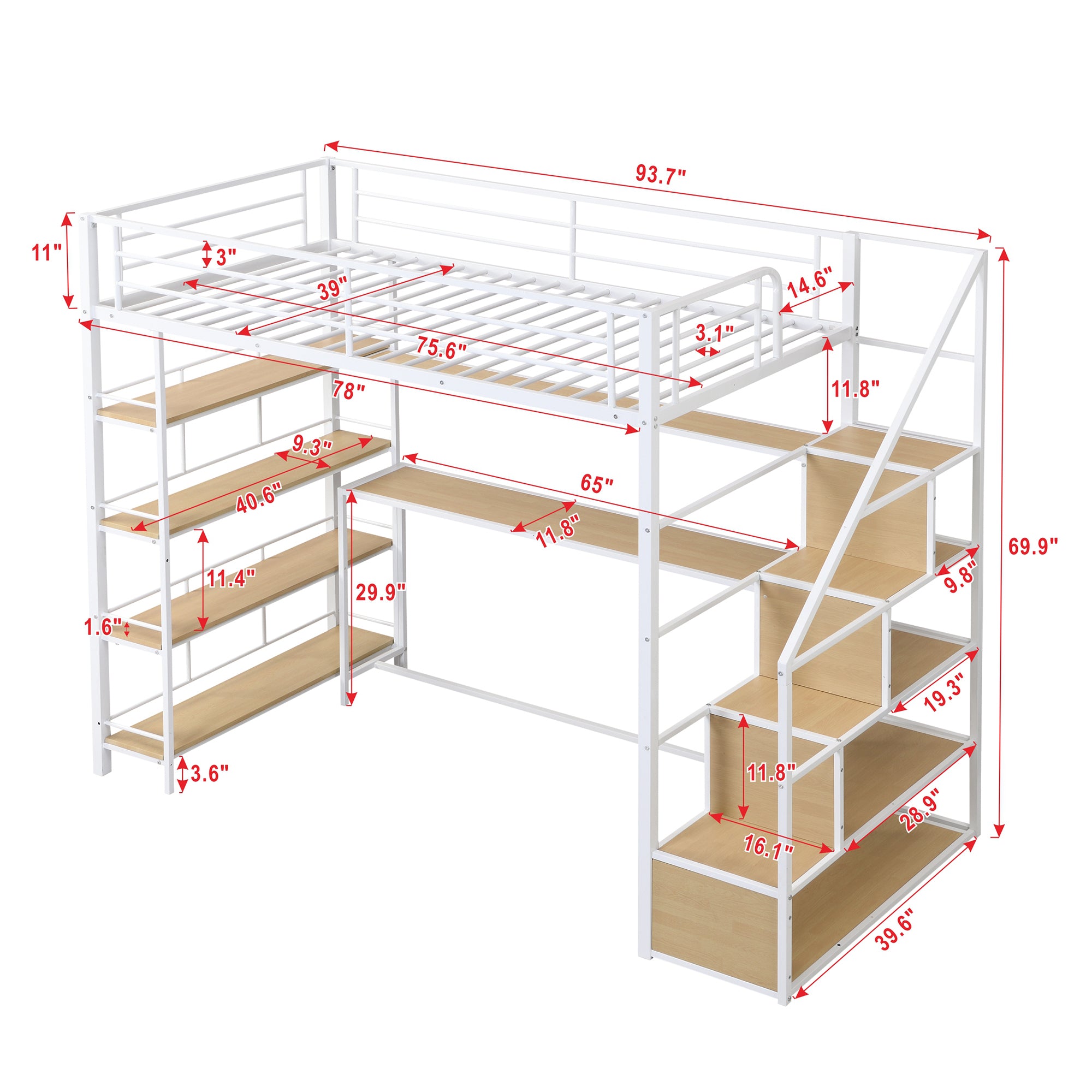 Twin Size Metal Loft bed with Staircase, Built-in Desk and Storage Shelves, White - Atlantic Fine Furniture Melbourne FL