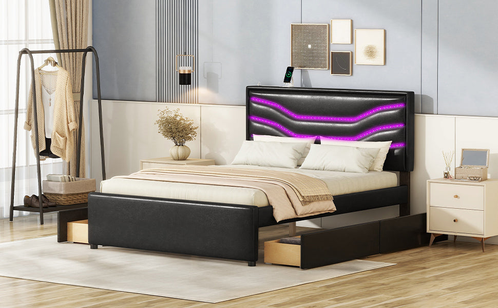 Queen Size Upholstered Storage Platform Bed with LED, 4 Drawers and USB Charging, Black - Atlantic Fine Furniture Melbourne FL