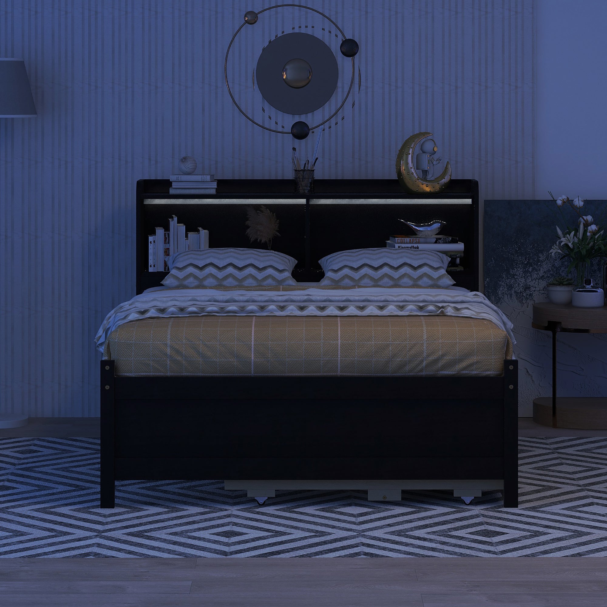 Full Size Bed with USB & Type-C Ports, LED light, Bookcase Headboard, Trundle and 3 Storage Drawers , Full Size Size Bed with Bookcase Headboard, Trundle and Storage drawers,Espresso - Atlantic Fine Furniture Melbourne FL