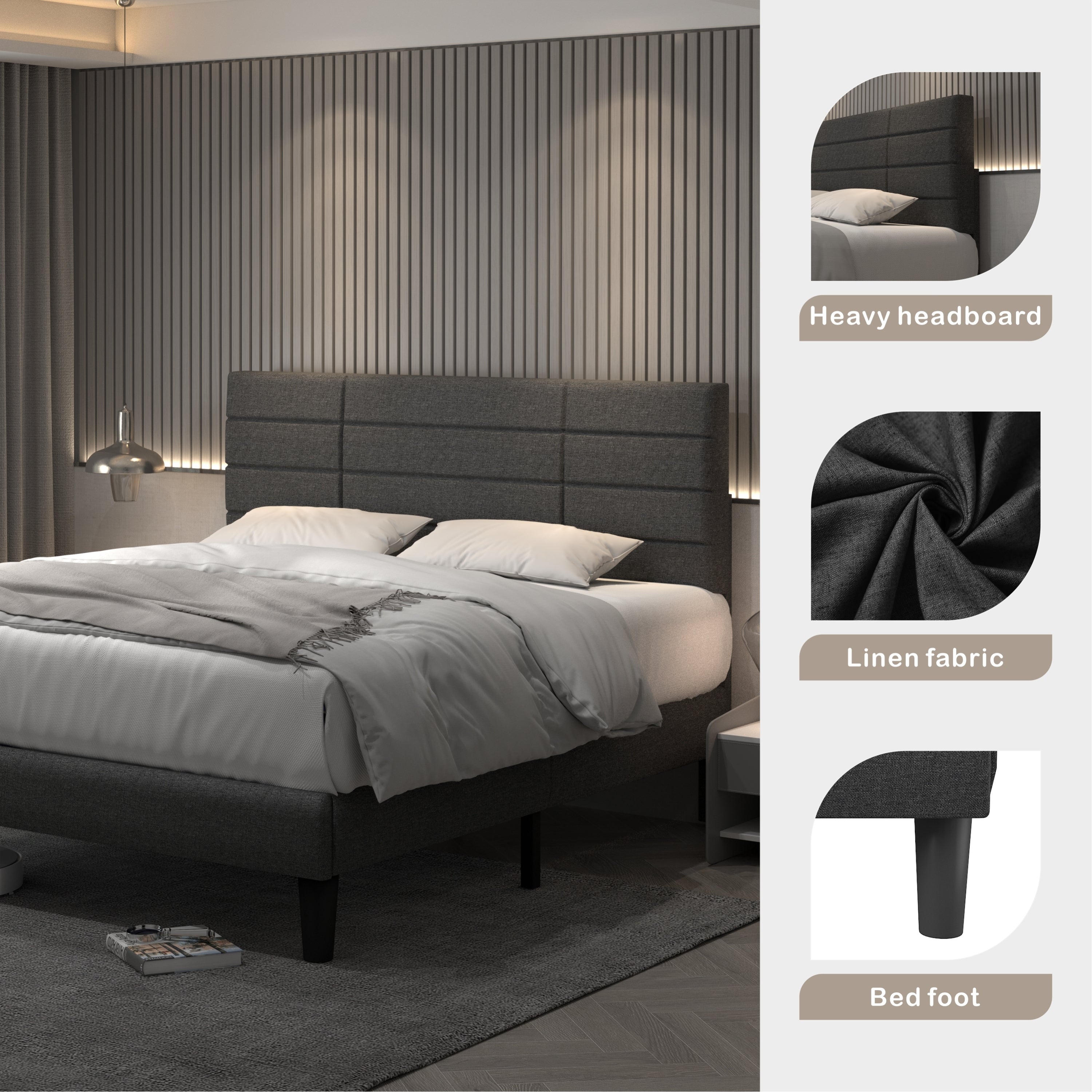 Molblly Full Size Bed Frame with Upholstered Headboard, Strong Frame, and Wooden Slats Support, Non-Slip and Noise-Free, No Box Spring Needed, Easy Assembly, Dark Grey - Atlantic Fine Furniture Melbourne FL