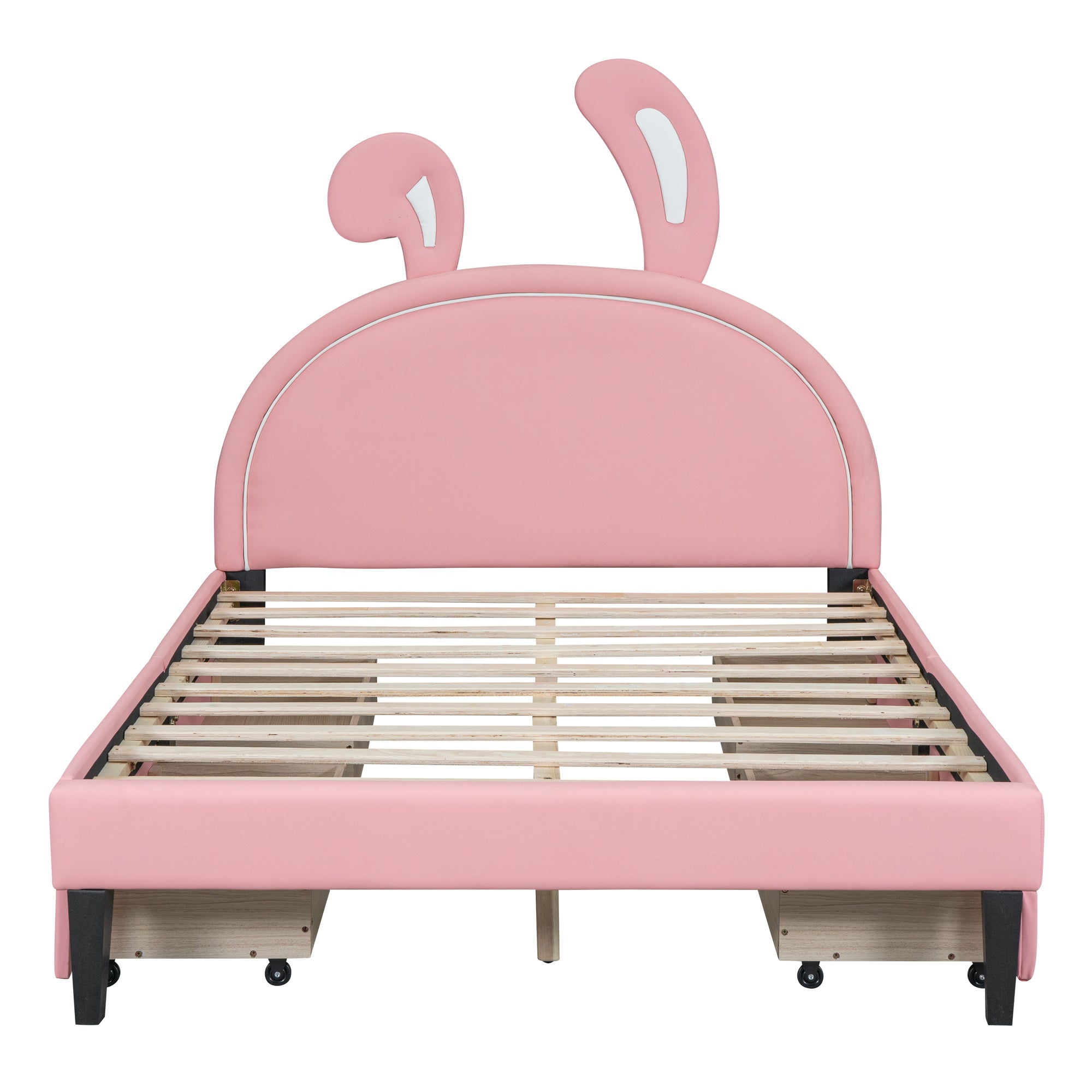 Full Size Upholstered Leather Platform Bed with Rabbit Ornament and 4 Drawers, Pink - Atlantic Fine Furniture Melbourne FL