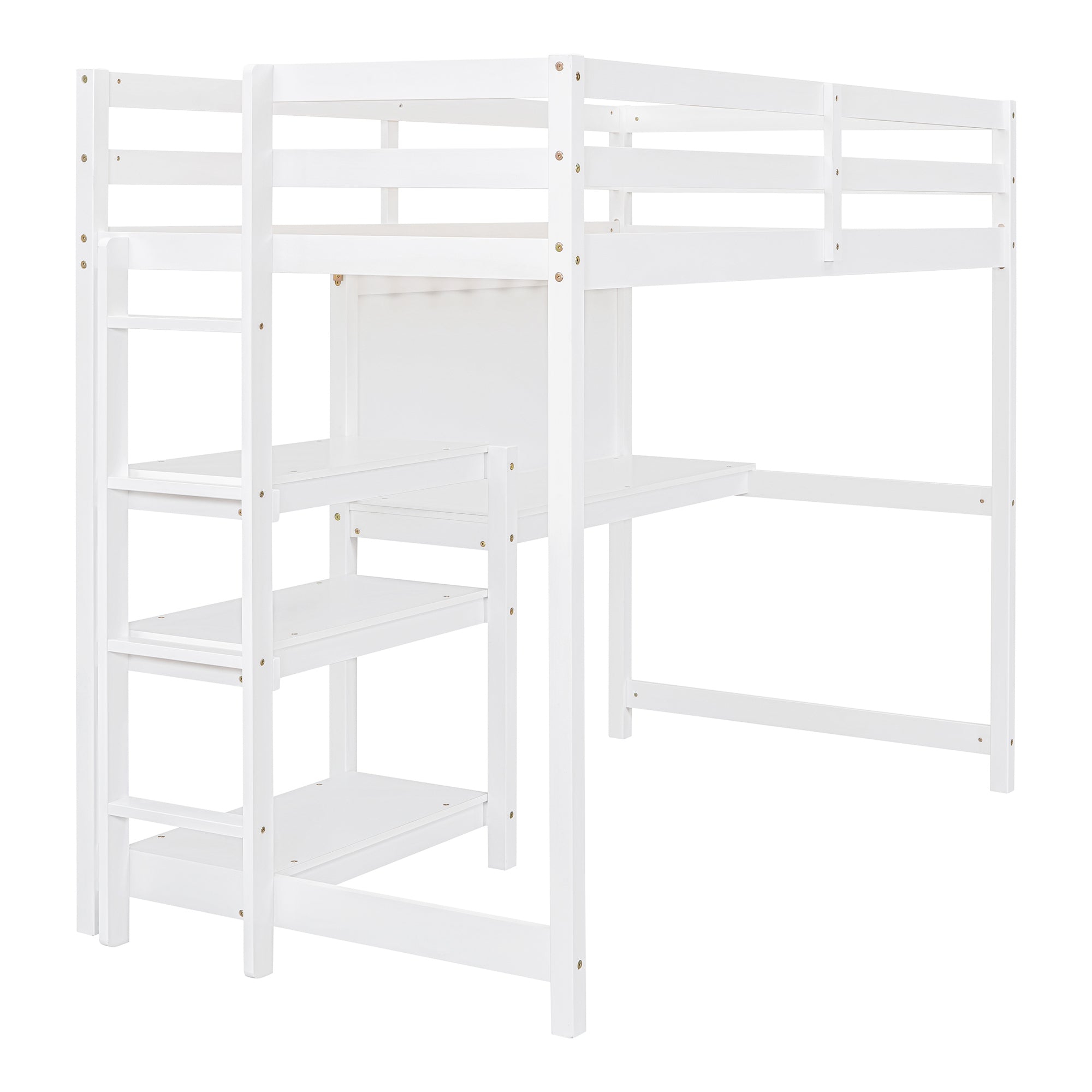 Twin Size Wooden Loft Bed with Shelves, Desk and Writing Board - White