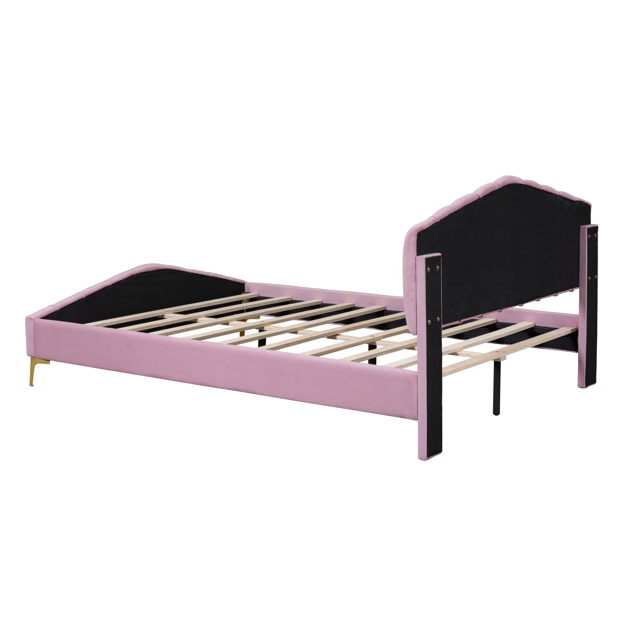 Queen Size Velvet Platform Bed with Thick Fabric, Stylish Stripe Decorated Bedboard and Elegant Metal Bed Leg, Pink - Atlantic Fine Furniture Melbourne FL