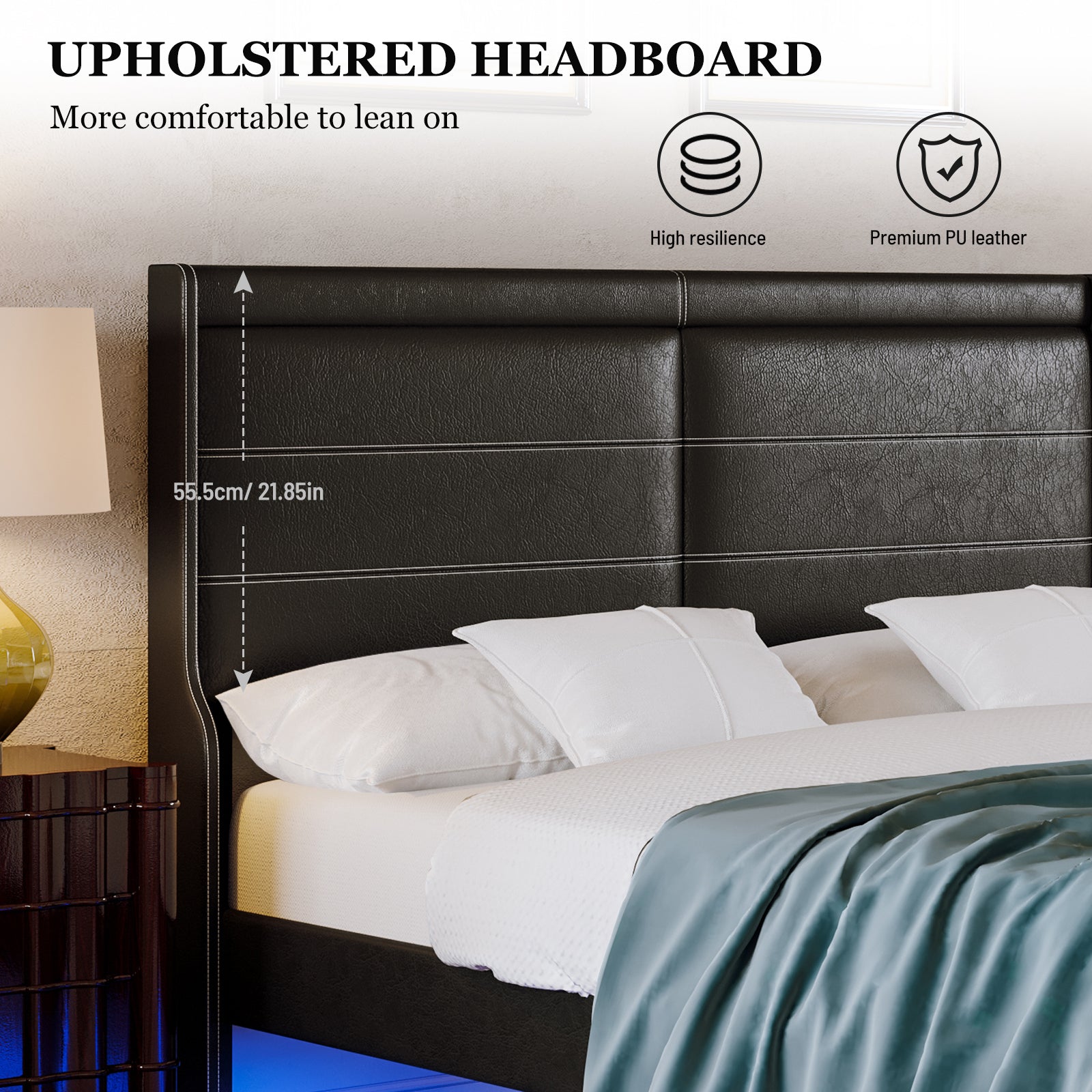 Stylish Queen Size PU Leather Upholstered Bed Frame Platform Bed with Lights Stitched Wing-backed Headboard Strong Wooden Slats Bed Canopy No Box Spring Needed Black - Atlantic Fine Furniture Melbourne FL