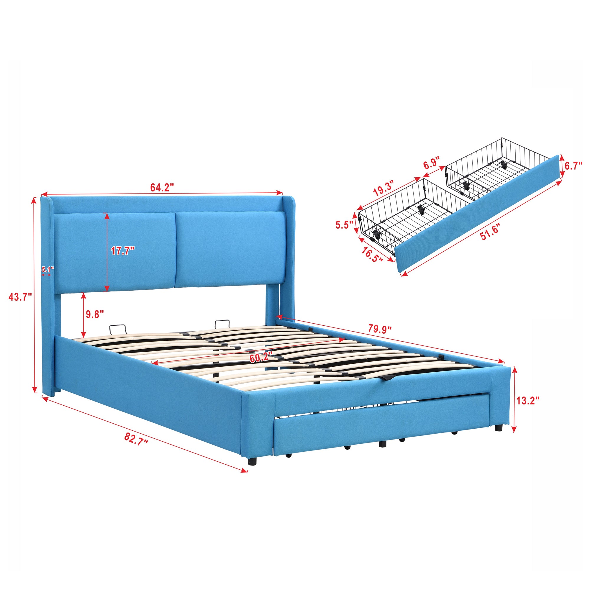 Queen Size Storage Upholstered Hydraulic Platform Bed with 2 Drawers, Blue - Atlantic Fine Furniture Melbourne FL
