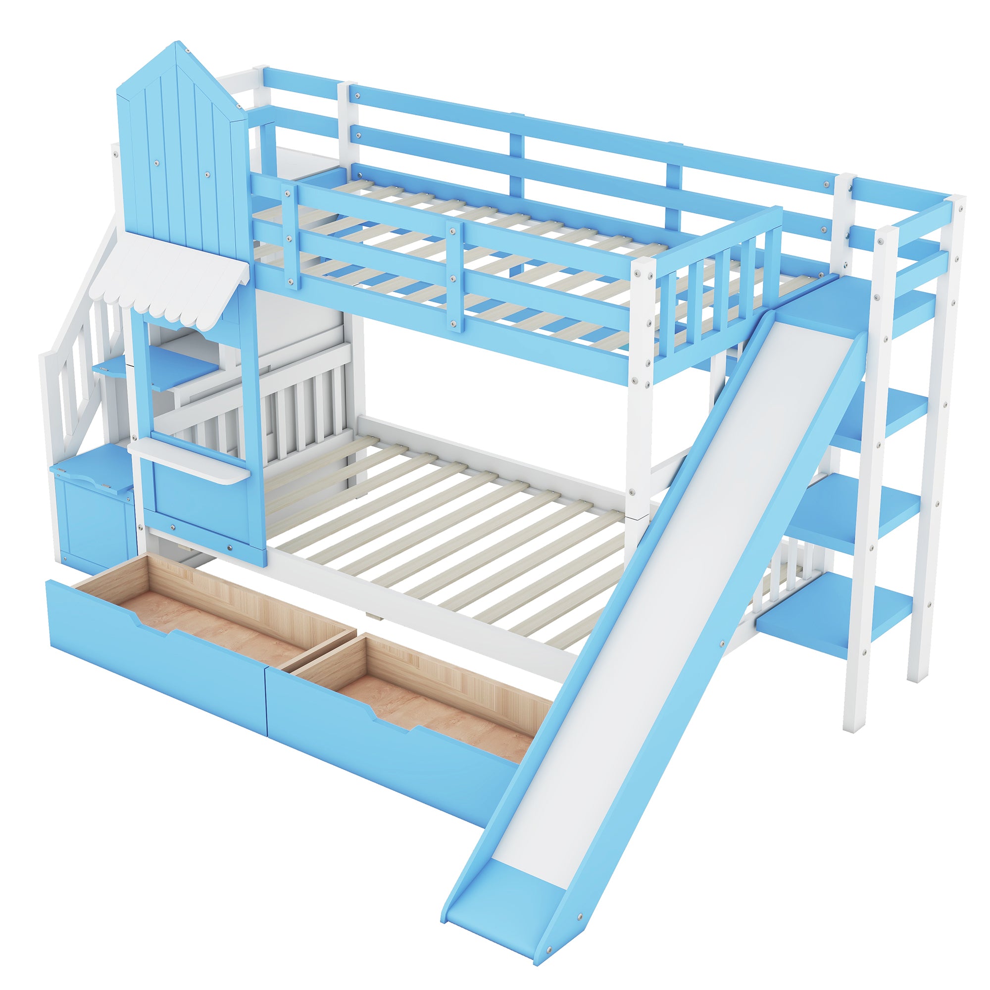 Twin-Over-Twin Castle Style Bunk Bed with 2 Drawers 3 Shelves and Slide - Blue - Atlantic Fine Furniture Melbourne FL