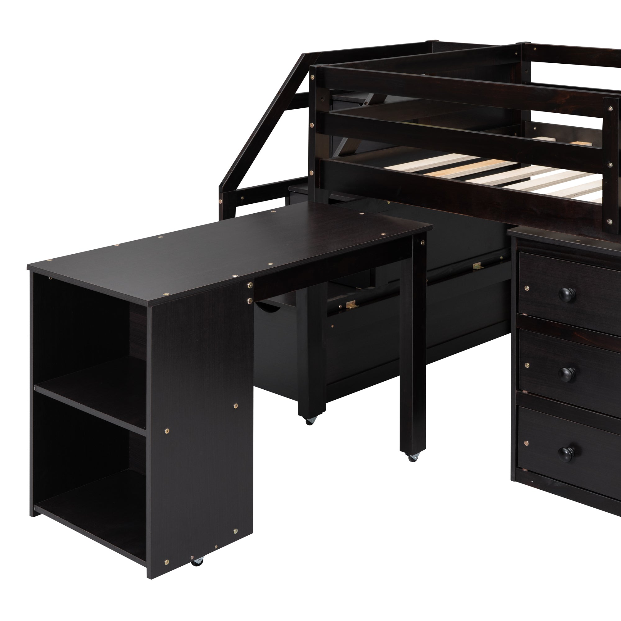 Twin Size Loft Bed with Retractable Writing Desk and 3 Drawers, Wooden Loft Bed with Storage Stairs and Shelves, Espresso - Atlantic Fine Furniture Melbourne FL