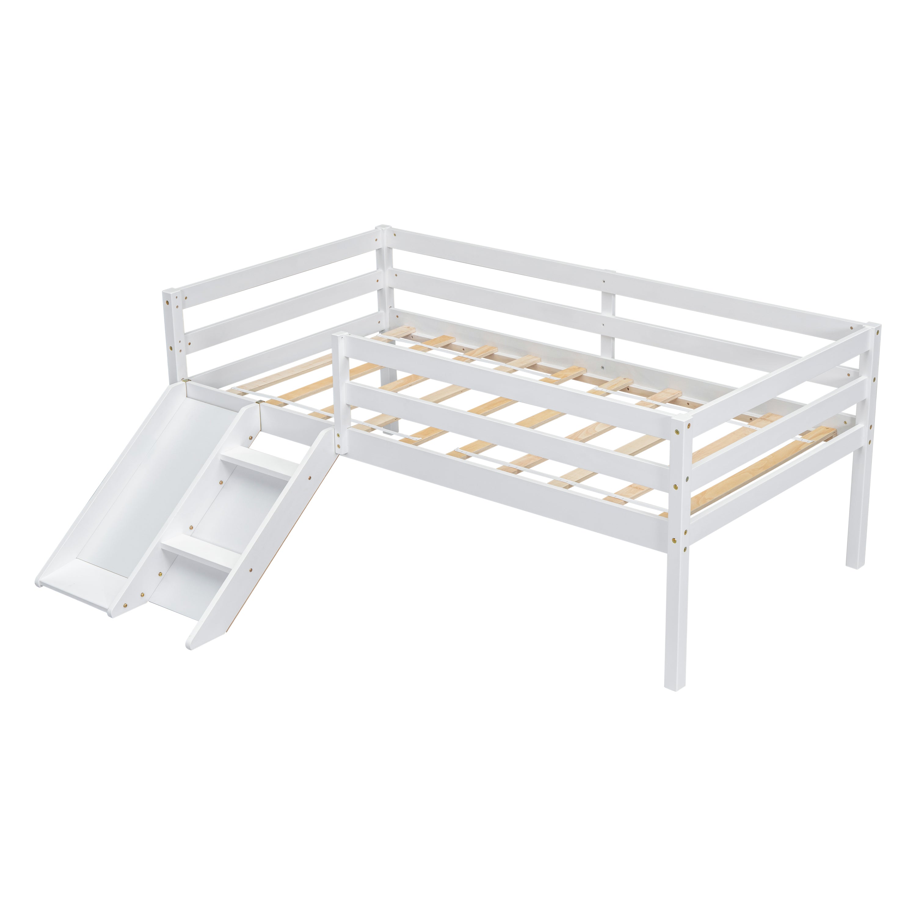 Twin Low Loft Bed with Slide, Ladder, Safety Guardrails, No Box Spring Needed,White