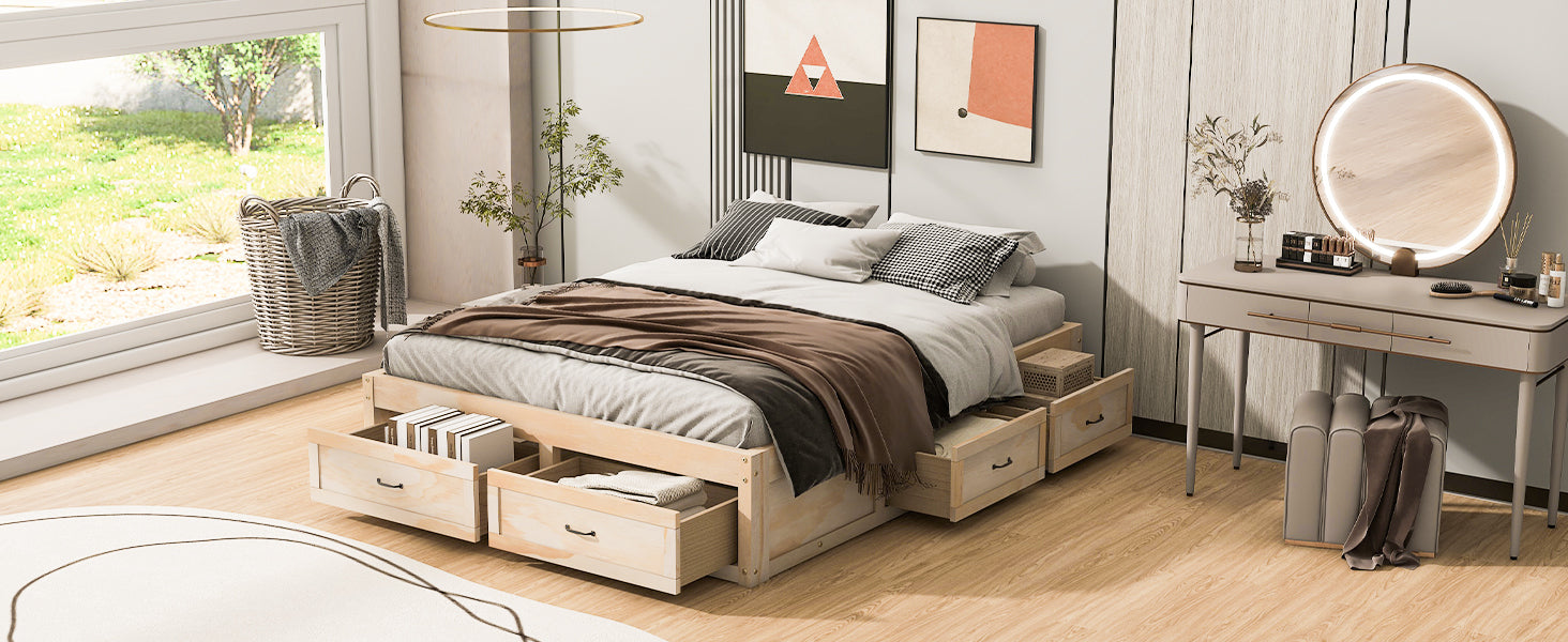 Queen Size Platform Bed with 6 Storage Drawers,Antique Natural - Atlantic Fine Furniture Melbourne FL