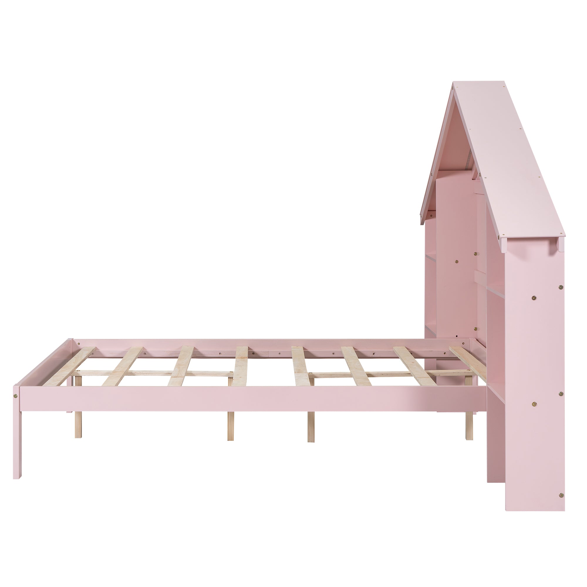 Wood Full Size Platform Bed with House-shaped Storage Headboard and Built-in LED, Pink - Atlantic Fine Furniture Melbourne FL