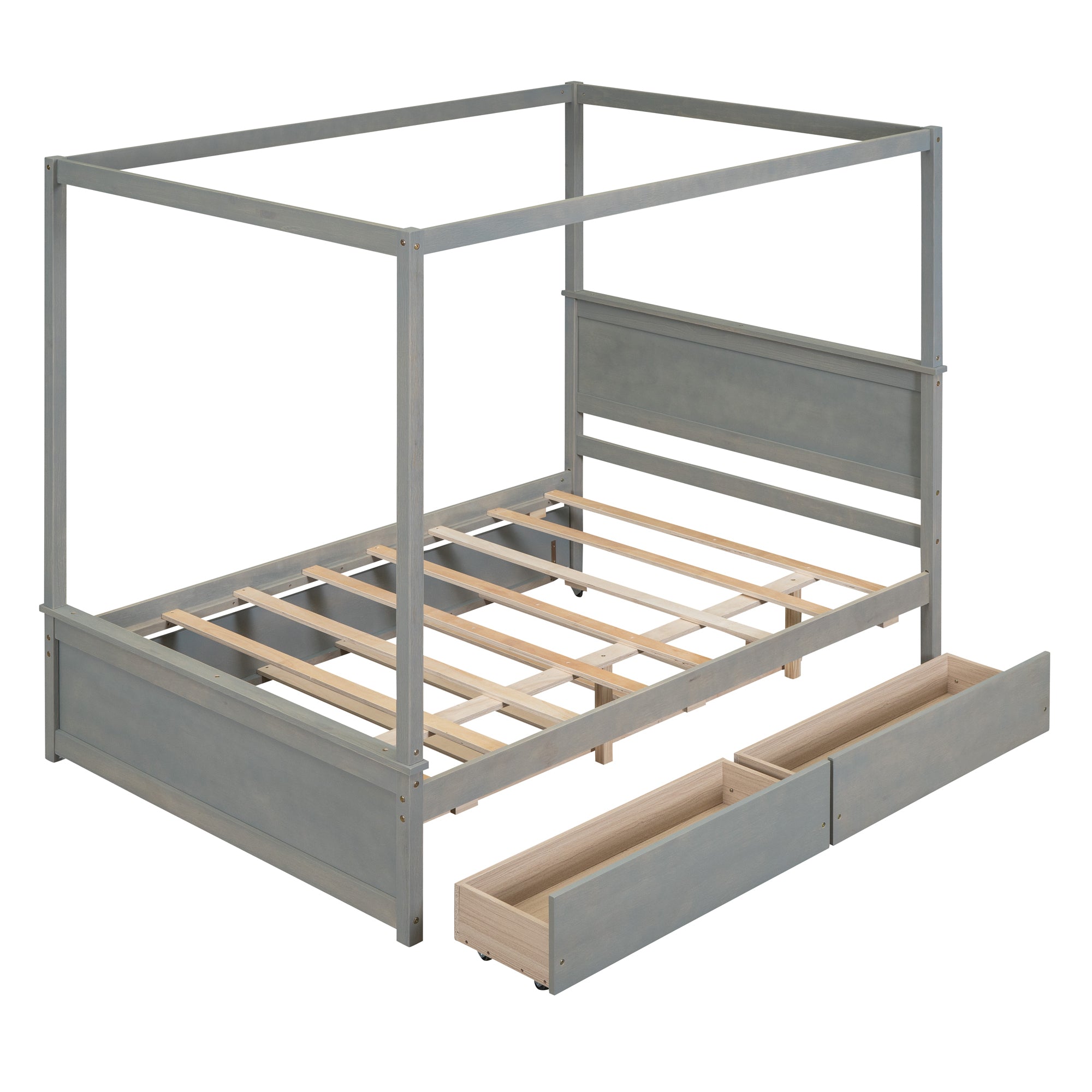 Wood Canopy Bed with Trundle Bed and two Drawers ,Full Size Canopy Platform bed With Support Slats .No Box Spring Needed, Brushed Gray - Atlantic Fine Furniture Melbourne FL