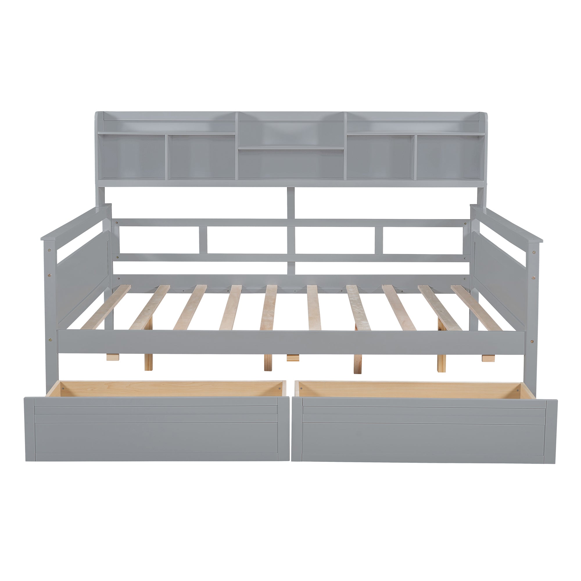 Full size Daybed, Wood Slat Support, with Bedside Shelf and Two Drawers, Gray - Atlantic Fine Furniture Melbourne FL