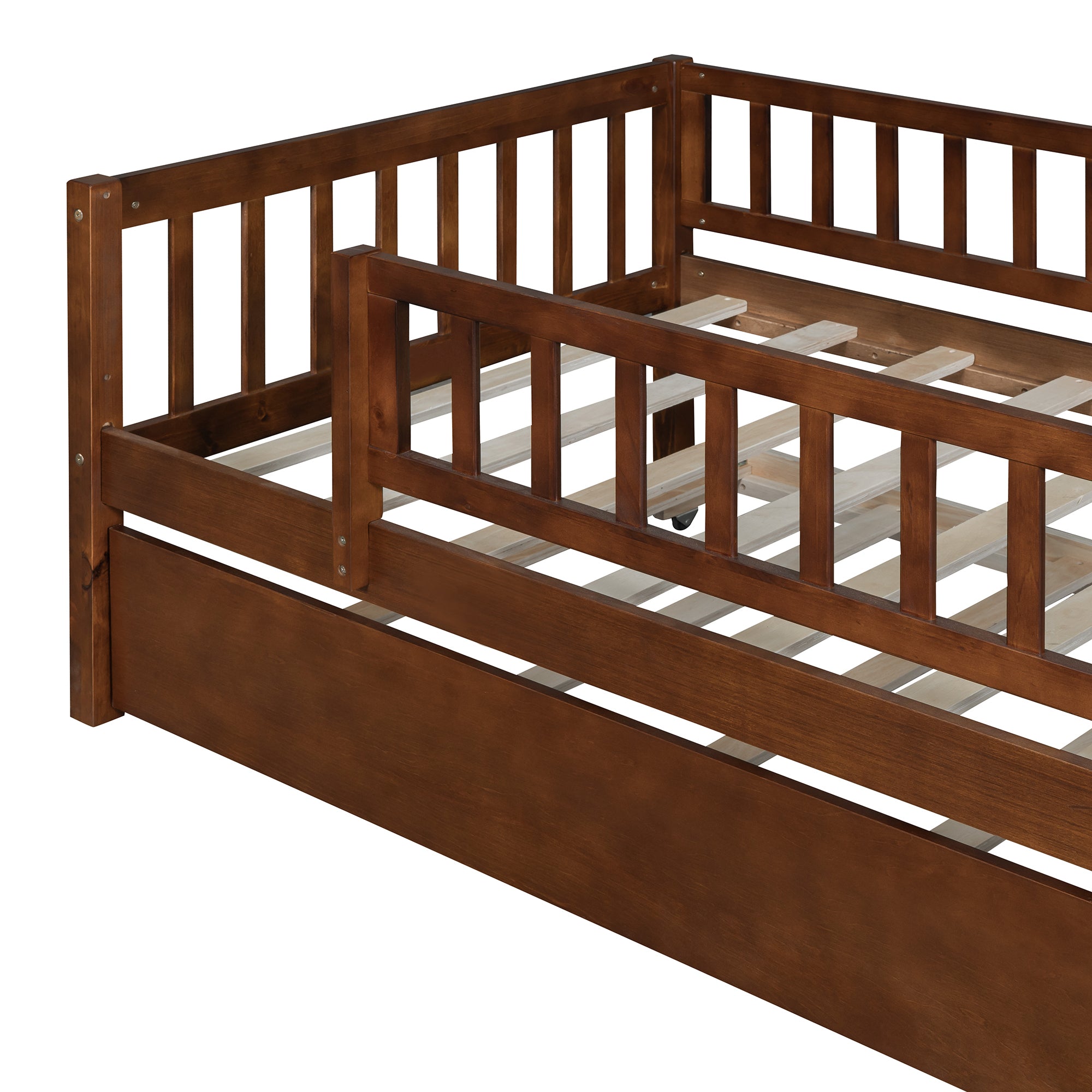 Twin Size Wood Daybed with Trundle and Fence Guardrails, Walnut - Atlantic Fine Furniture Melbourne FL