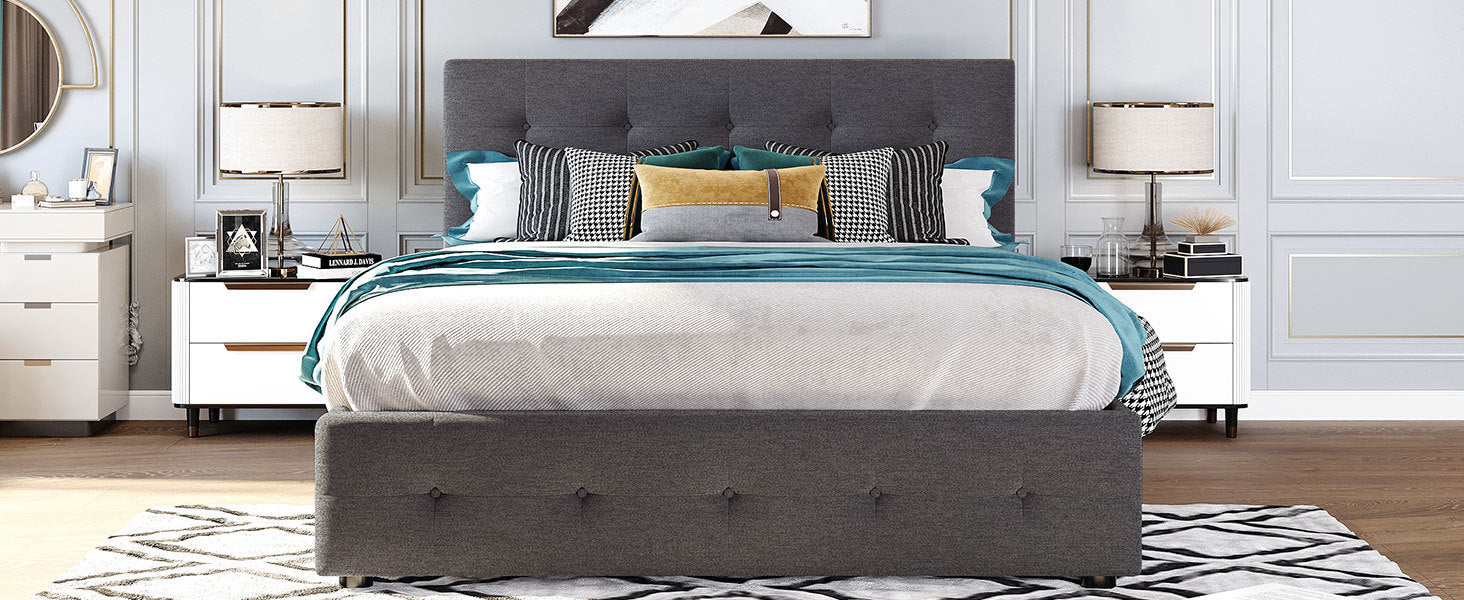 Upholstered Platform Bed with 2 Drawers and 1 Twin XL Trundle, Linen Fabric, Queen Size - Dark Gray(OLD SKU :LP000314AAE)