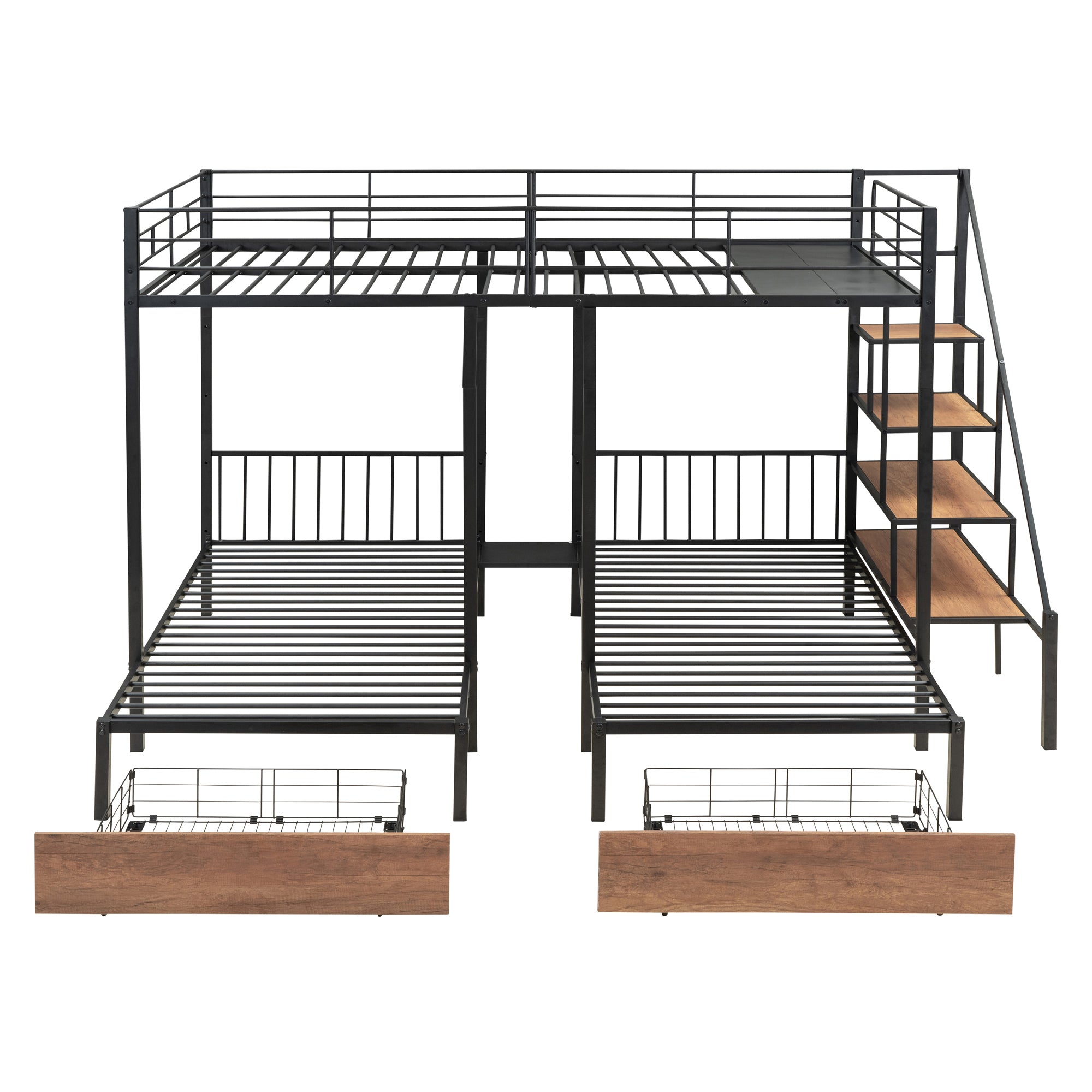 Full over Twin-Twin Triple bunk bed with drawers and staircase, Black - Atlantic Fine Furniture Melbourne FL