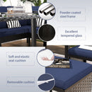 7 Piece Outdoor Furniture Set With Waterproof Cushions, Glass Table, And Space Saving Design - Blue