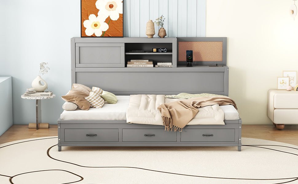 Full Size Wooden Daybed with 3 Storage Drawers, Upper Soft Board, shelf, and a set of Sockets and USB Ports, Gray - Atlantic Fine Furniture Melbourne FL