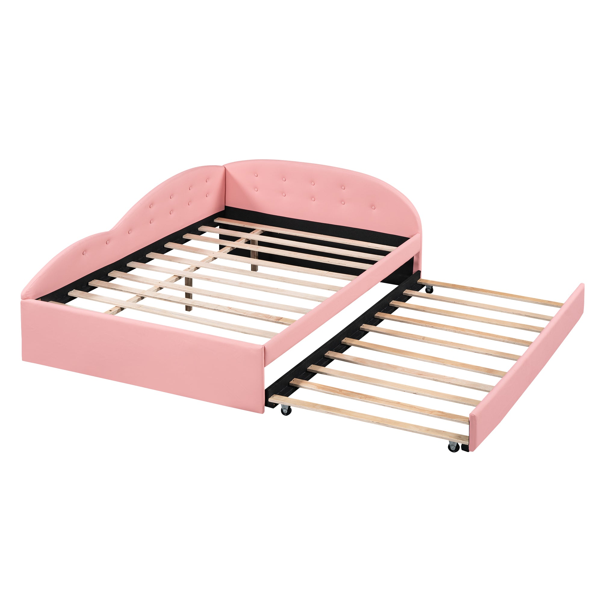 Full Size PU Upholstered Tufted Daybed with Trundle and Cloud Shaped Guardrail, Pink - Atlantic Fine Furniture Melbourne FL