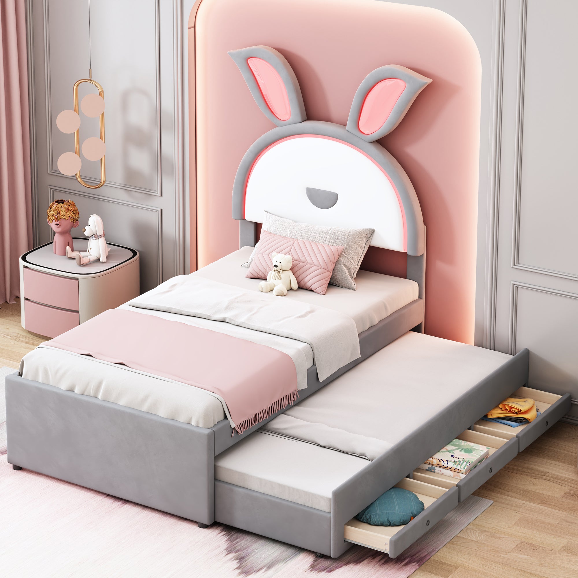 Twin Size Upholstered Platform Bed with Trundle and 3 Drawers, Rabbit-Shaped Headboard with Embedded LED Lights, Gray - Atlantic Fine Furniture Melbourne FL