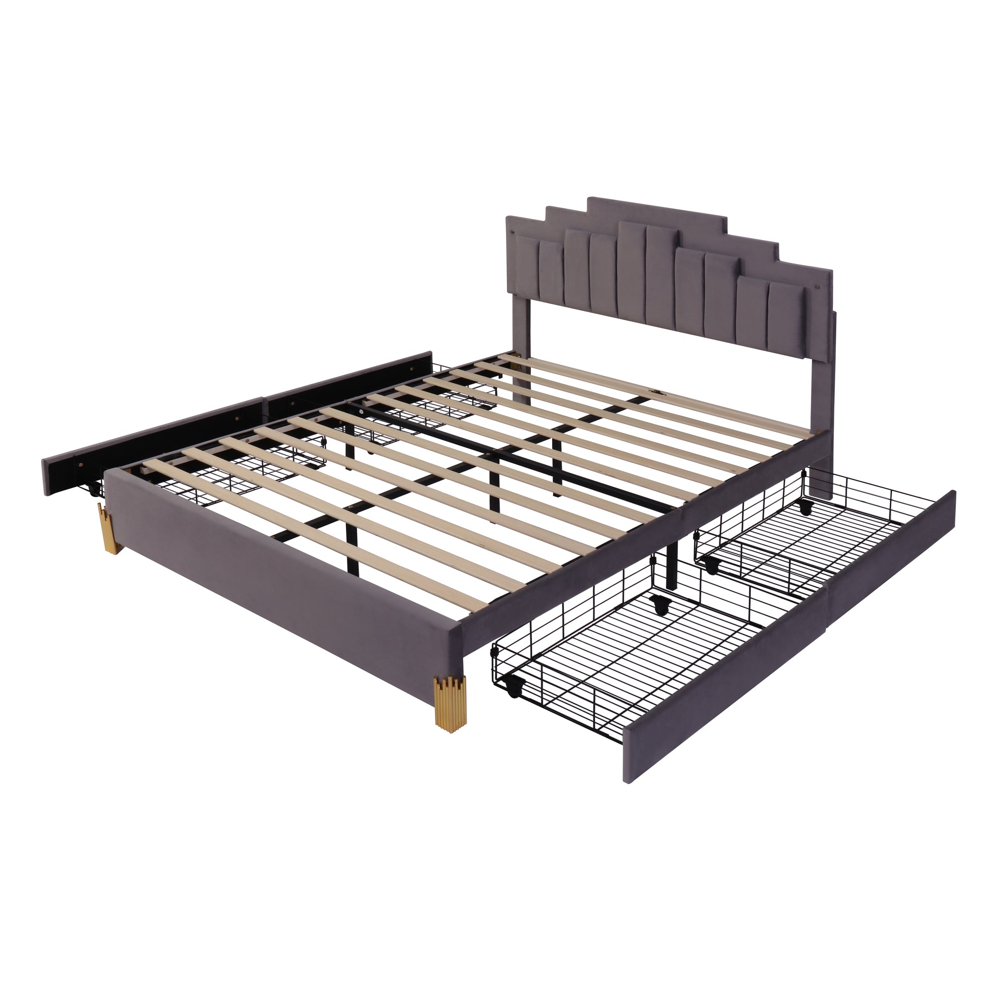 Queen Size Upholstered Platform Bed with LED Lights and 4 Drawers, Stylish Irregular Metal Bed Legs Design, Gray - Atlantic Fine Furniture Melbourne FL