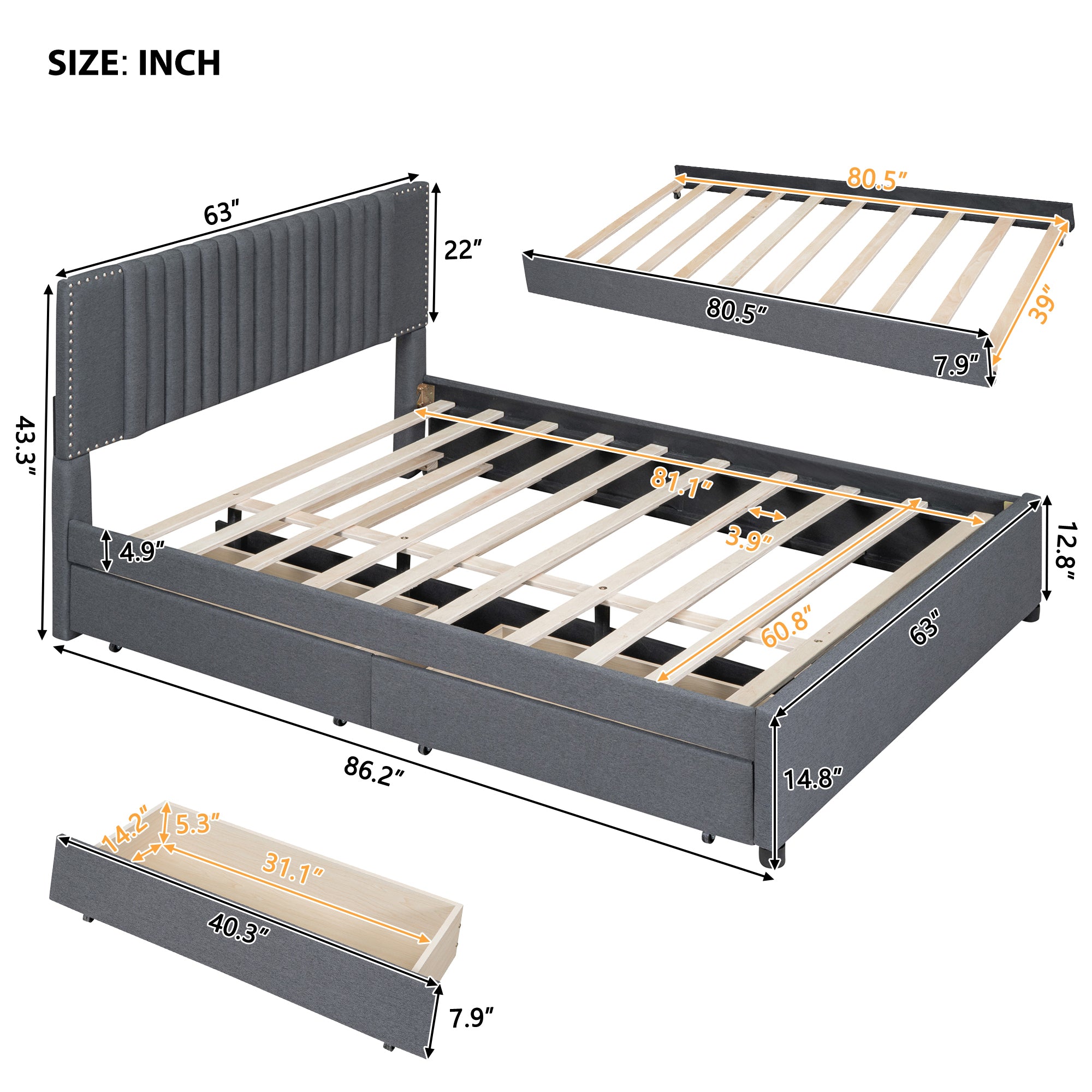 Queen Size Upholstered Platform Bed with 2 Drawers and 1 Twin XL Trundle, Classic Headboard Design, Gray - Atlantic Fine Furniture Melbourne FL