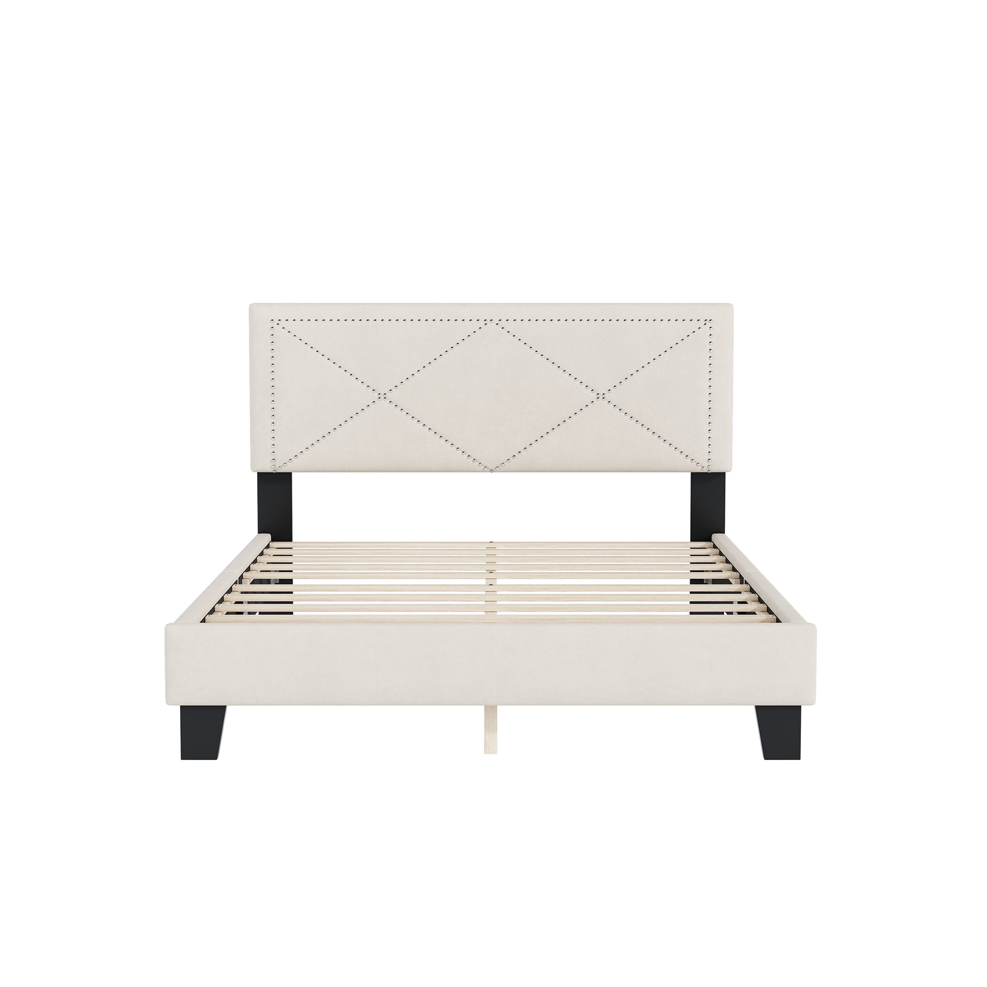 Simple Queen Size Upholstered Bed Frame with Rivet Design, Modern Velvet Platform Bed with headboard, Beige