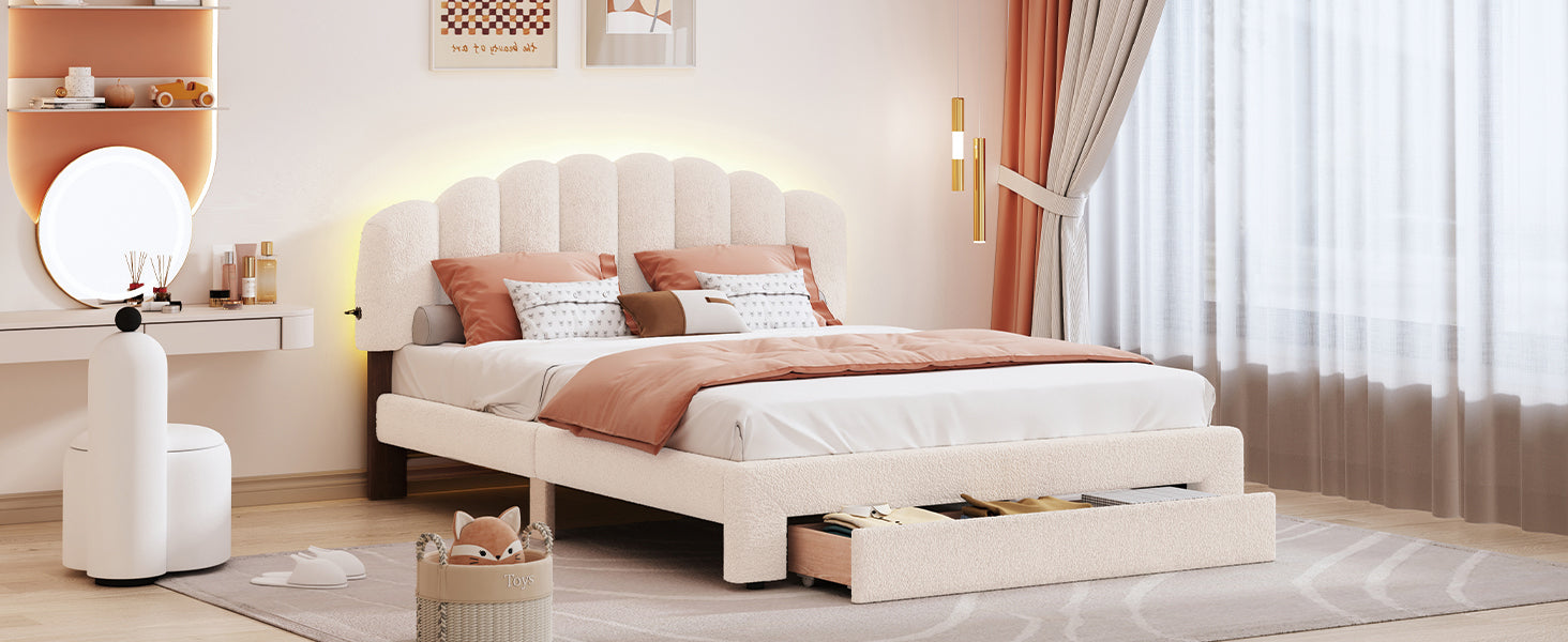 Teddy Fleece Queen Size Upholstered Platform Bed with Drawer, Beige - Atlantic Fine Furniture Melbourne FL