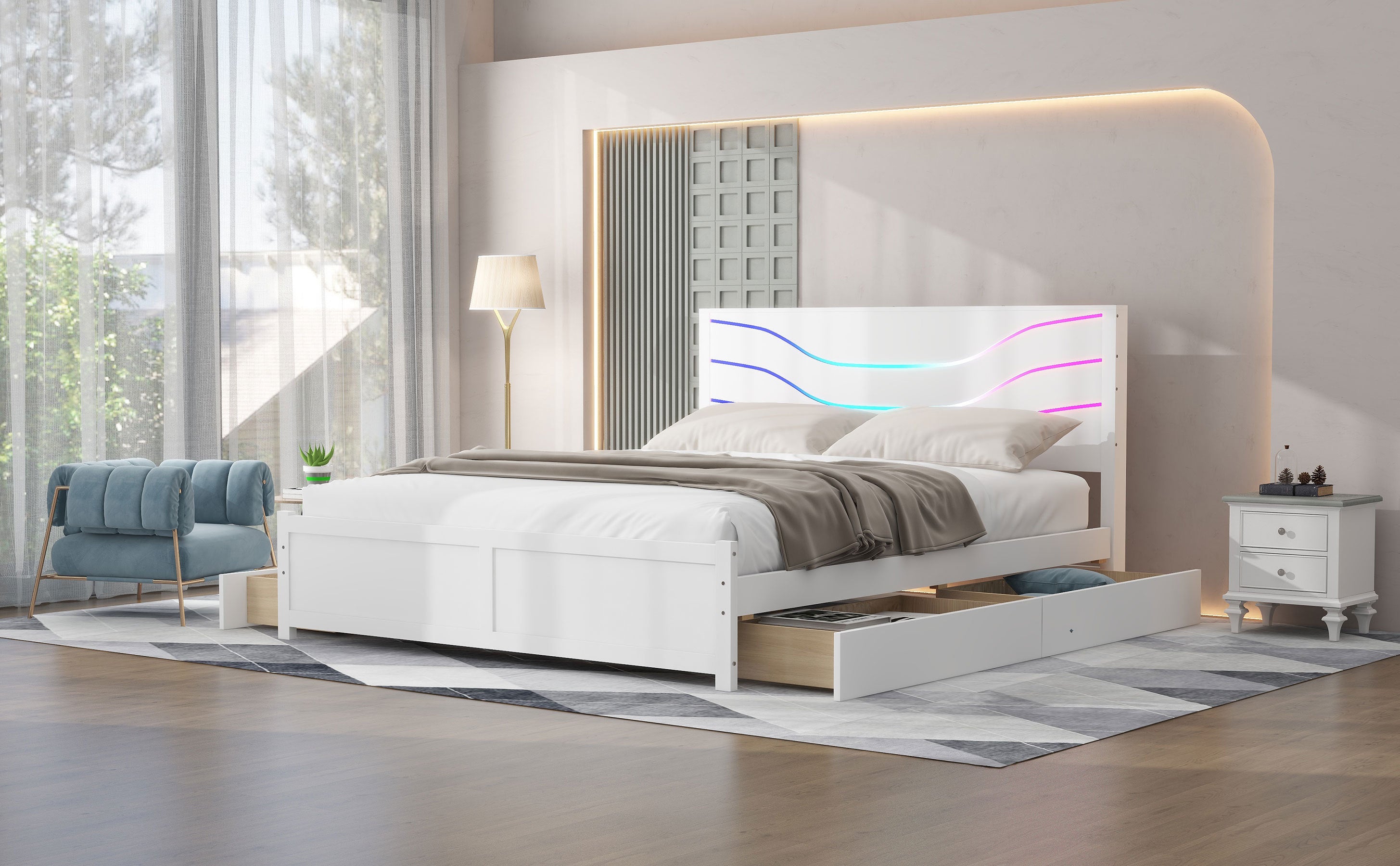 Queen Size Wood Storage Platform Bed with LED and 4 Drawers, White