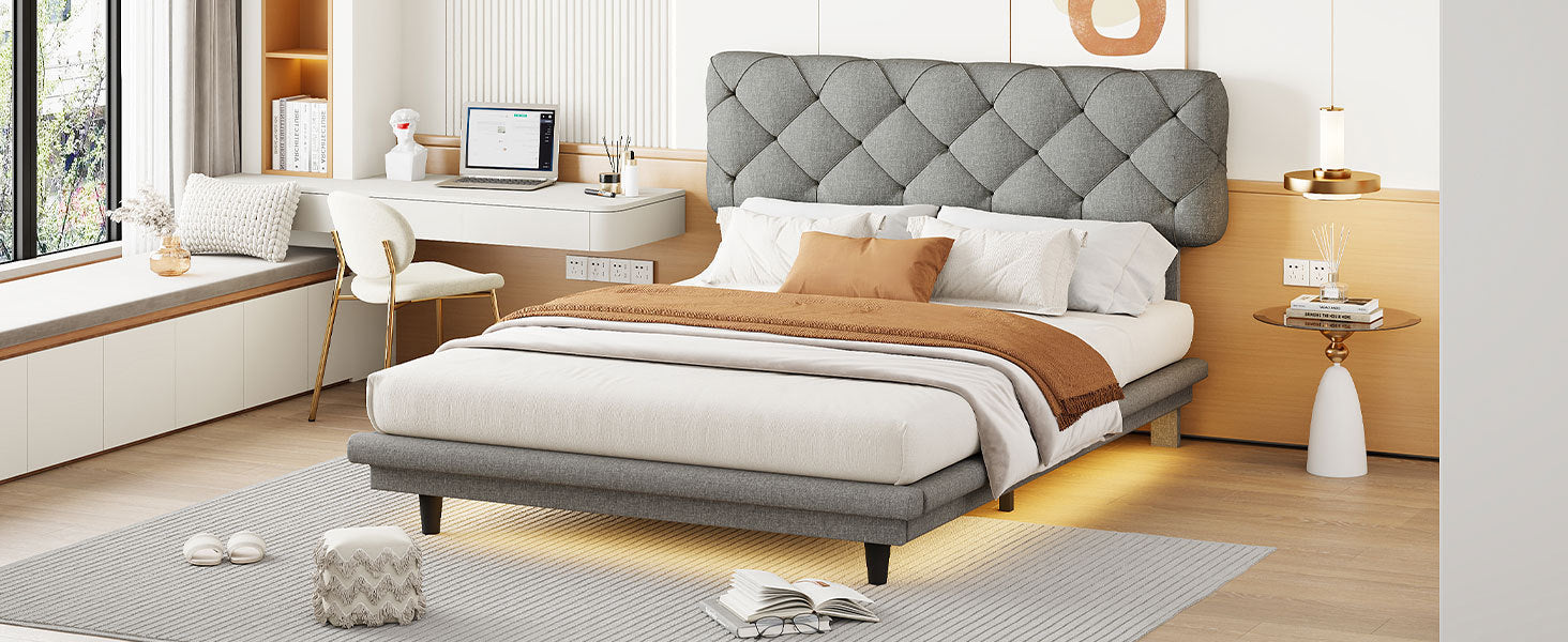 Full Size Upholstered Bed with Light Stripe, Floating Platform Bed, Linen Fabric,Gray - Atlantic Fine Furniture Melbourne FL