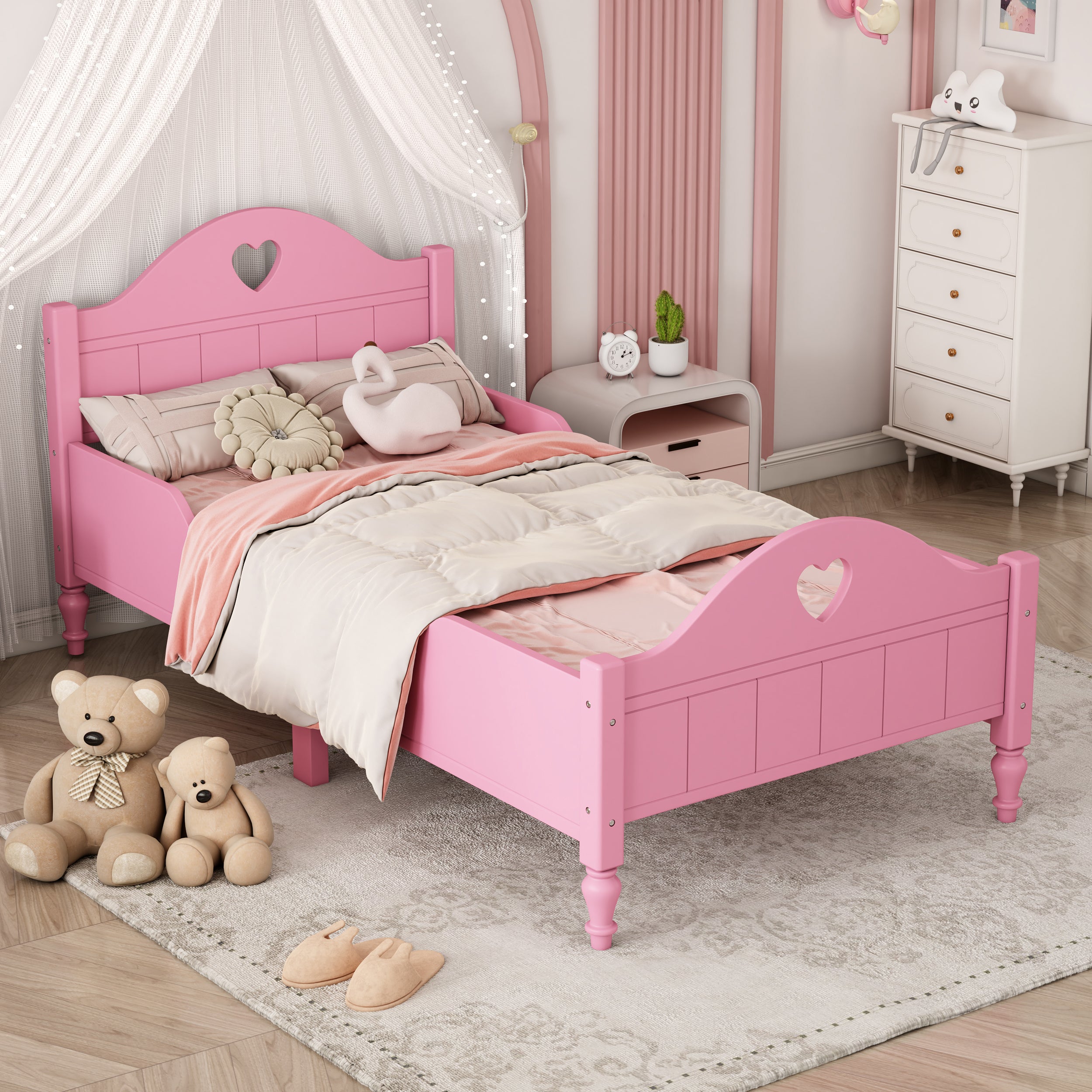 Girl's Love Princess Bed Macaron Twin Size Toddler Bed with Side Safety Rails and Headboard and Footboard , Light Pink