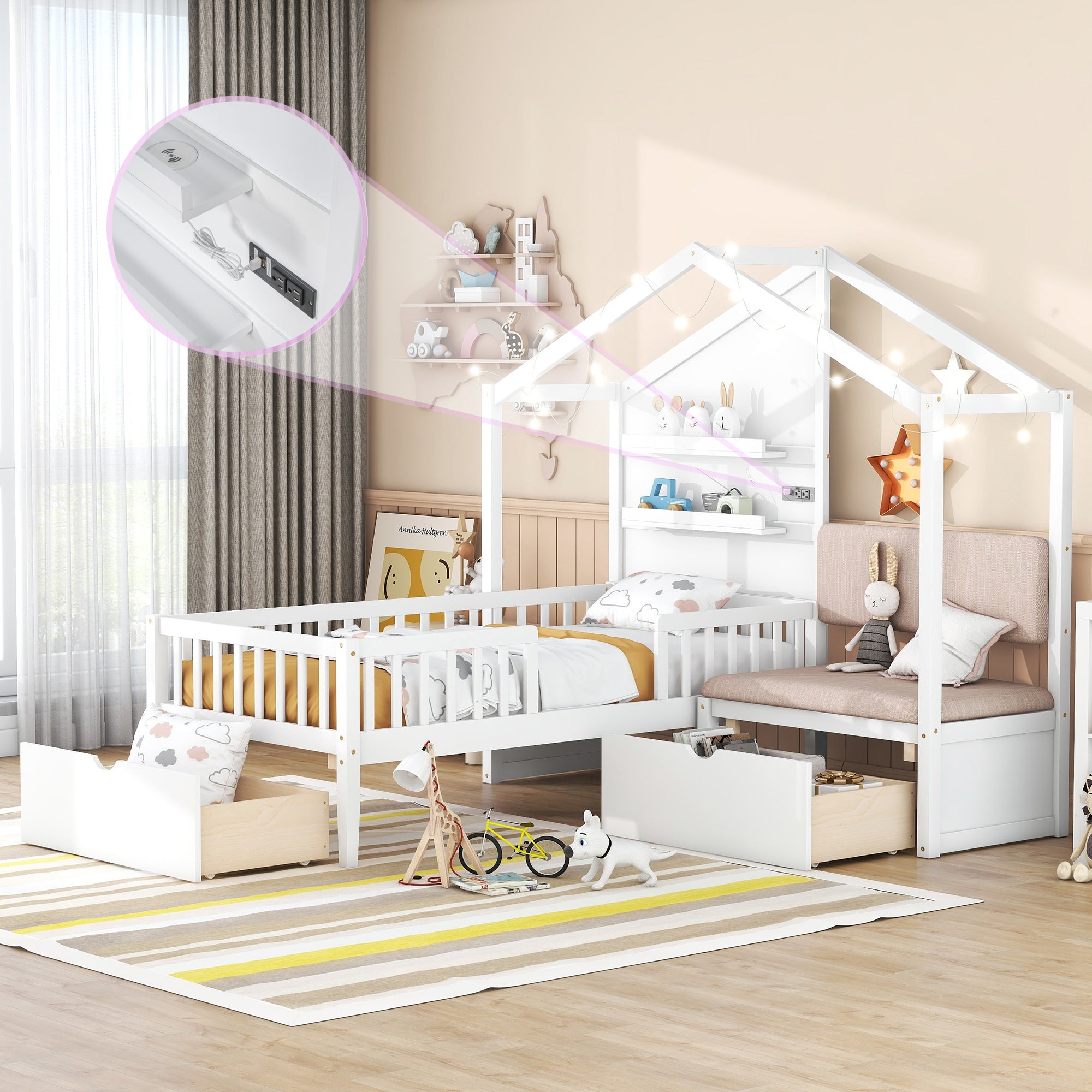 Twin Size House Bed with Upholstered Sofa, House Bed with Charging Station, Wireless Charging, Shelves and Two Drawers, White - Atlantic Fine Furniture Melbourne FL