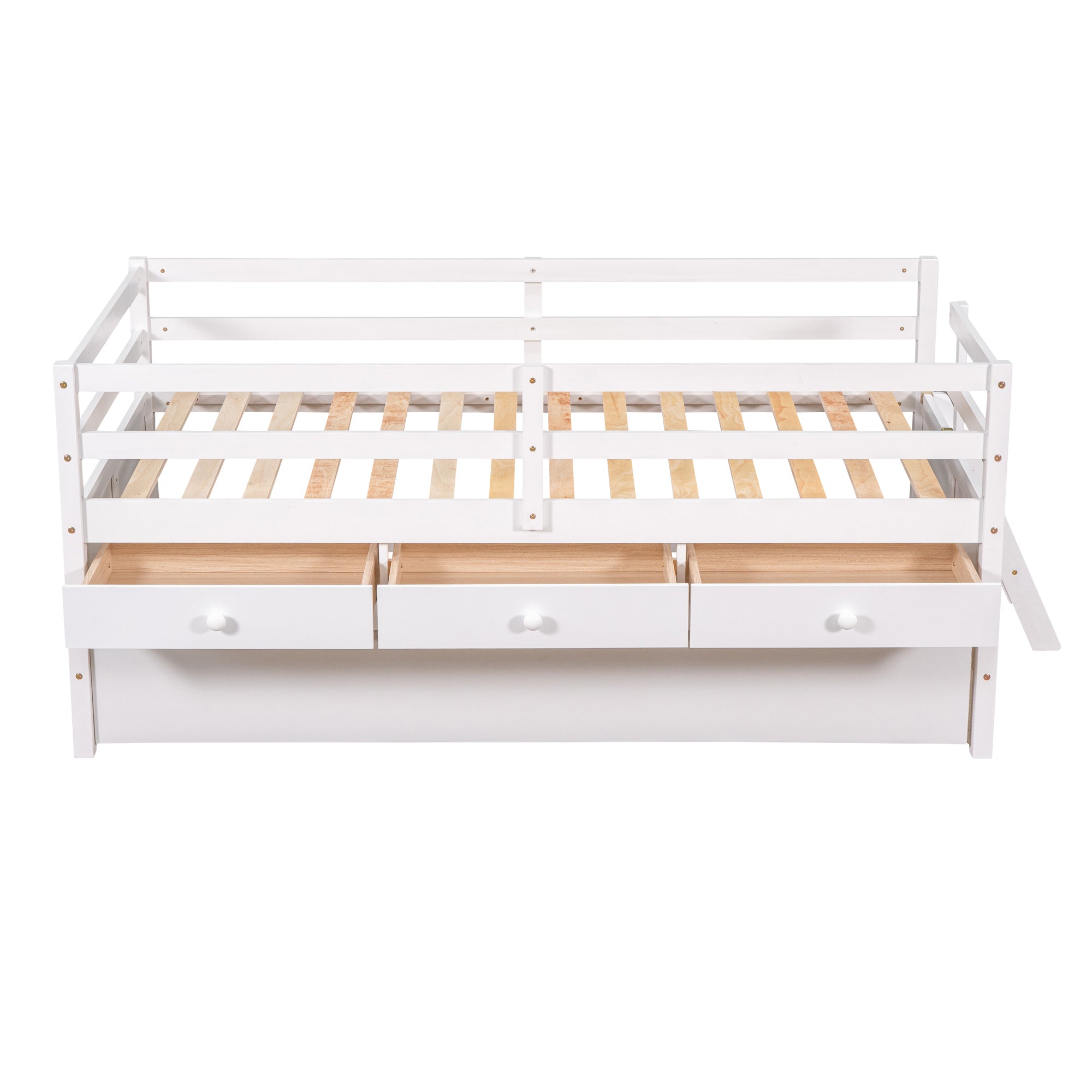 Low Loft Bed Twin Size with Full Safety Fence, Climbing ladder, Storage Drawers and Trundle White Solid Wood Bed - Atlantic Fine Furniture Melbourne FL