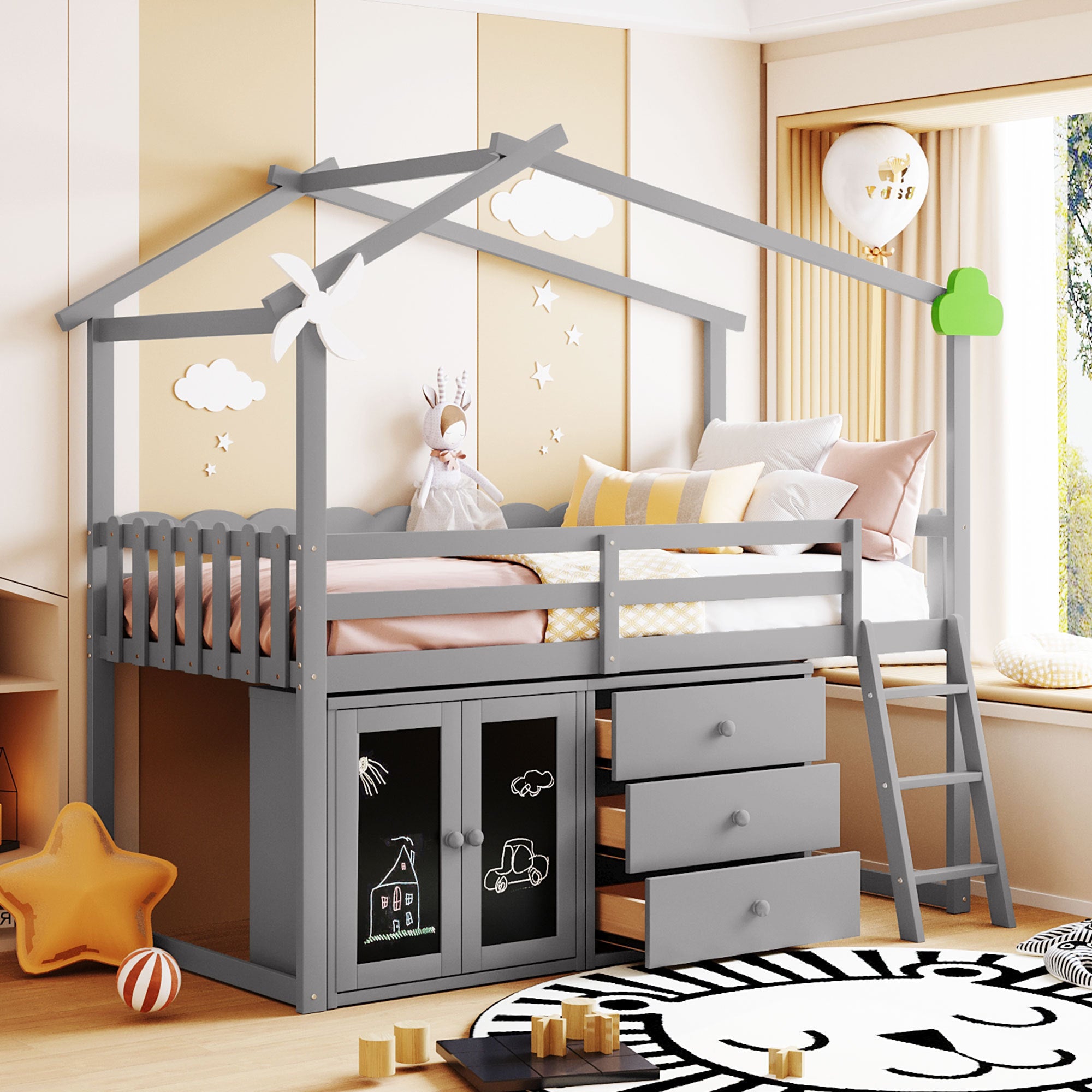Twin Size House Bed With Cabinet and Drawers, Gray - Atlantic Fine Furniture Melbourne FL
