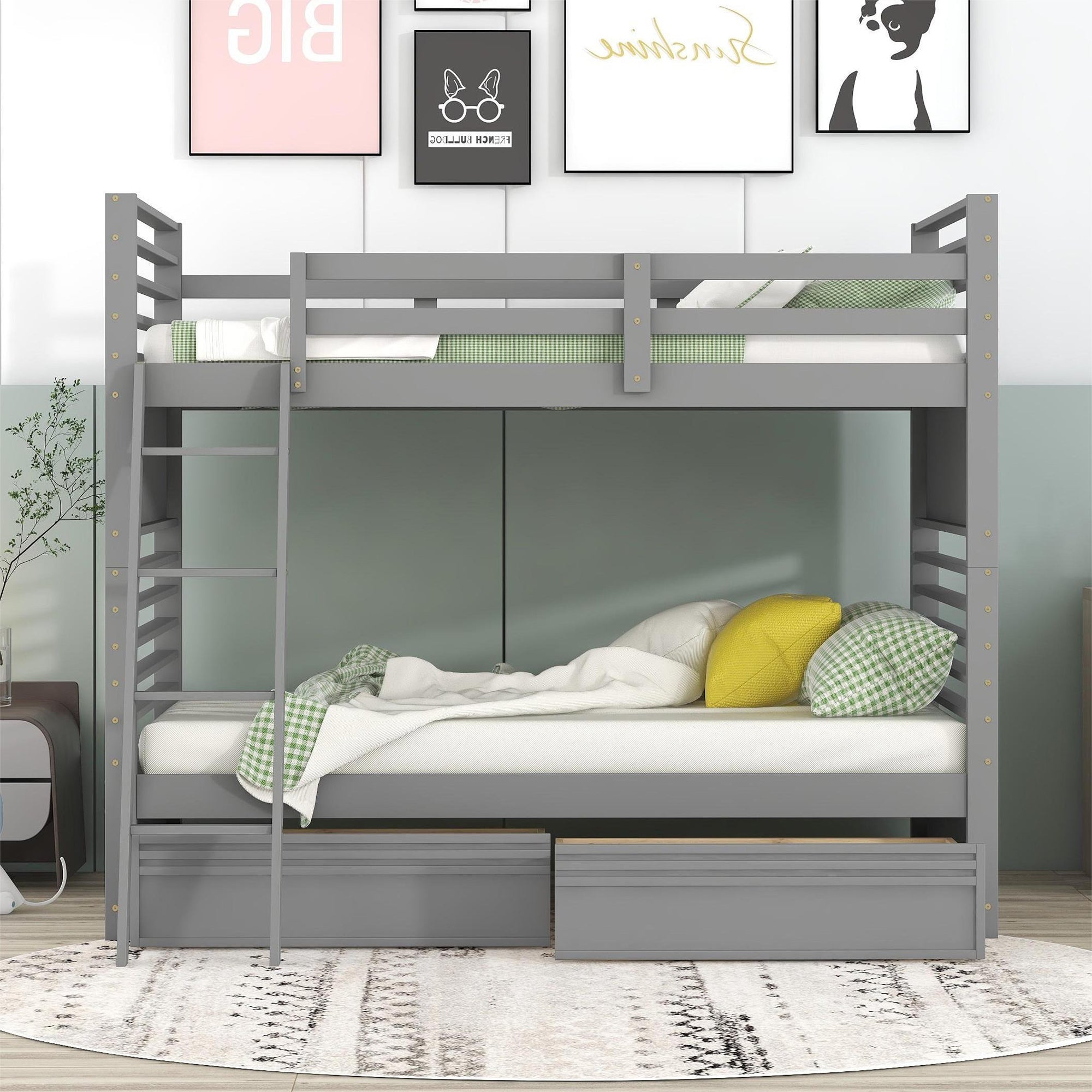 Twin over Twin Wood Bunk Bed with Two Drawers - Gray - Atlantic Fine Furniture Melbourne FL