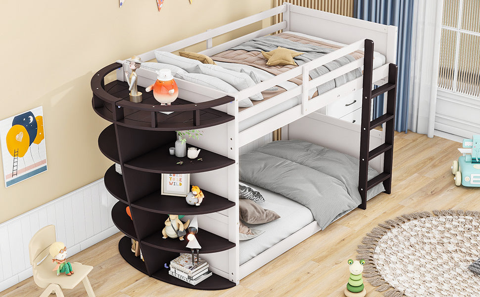 Twin over Twin Boat-Like Shape Bunk Bed with Storage Shelves, Cream+Espresso - Atlantic Fine Furniture Melbourne FL