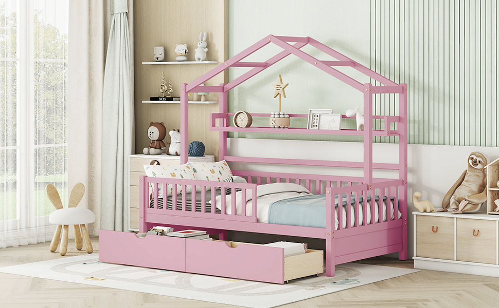 Wooden Twin Size House Bed with 2 Drawers,Kids Bed with Storage Shelf, Pink - Atlantic Fine Furniture Melbourne FL