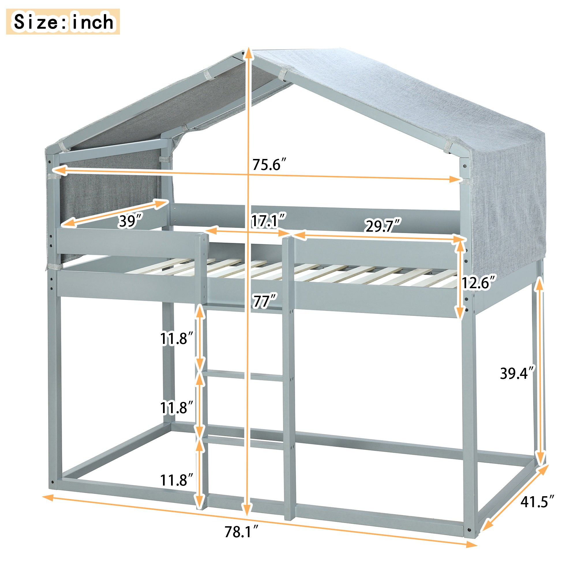 Twin Over Twin Bunk Bed Wood Bed with Tent, Gray - Atlantic Fine Furniture Melbourne FL