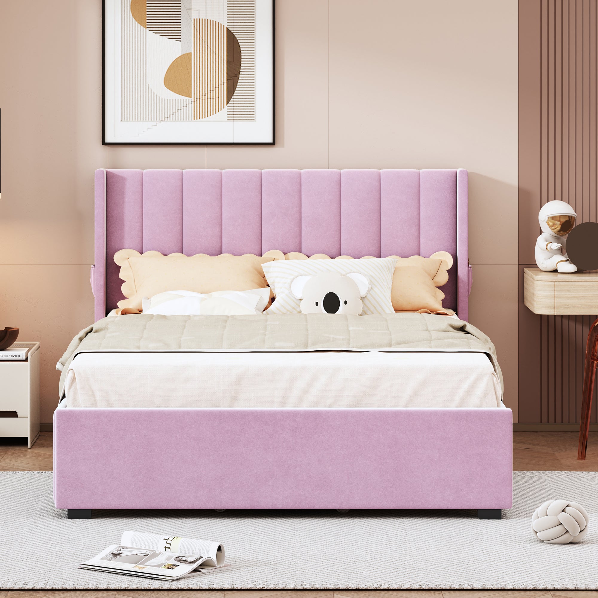 Full Size Upholstered Bed with 4 Drawers, Pink - Atlantic Fine Furniture Melbourne FL
