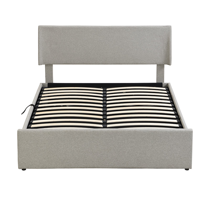 Queen Size Sleigh Bed with Side-Tilt Hydraulic Storage System, Linen Upholstery, Gray - Atlantic Fine Furniture Melbourne FL