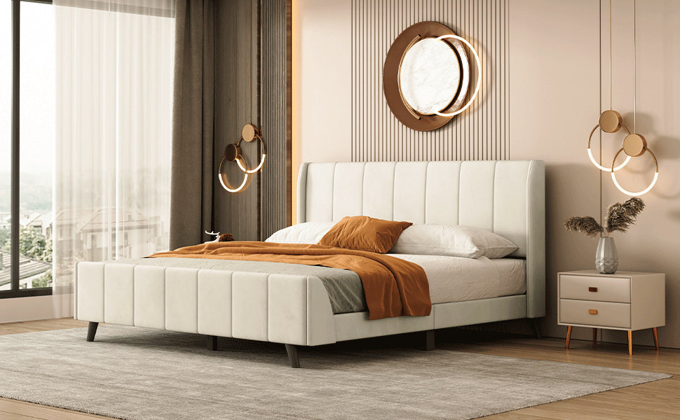 Queen Size Upholstered Platform Bed, Velvet, Beige - Atlantic Fine Furniture Melbourne FL