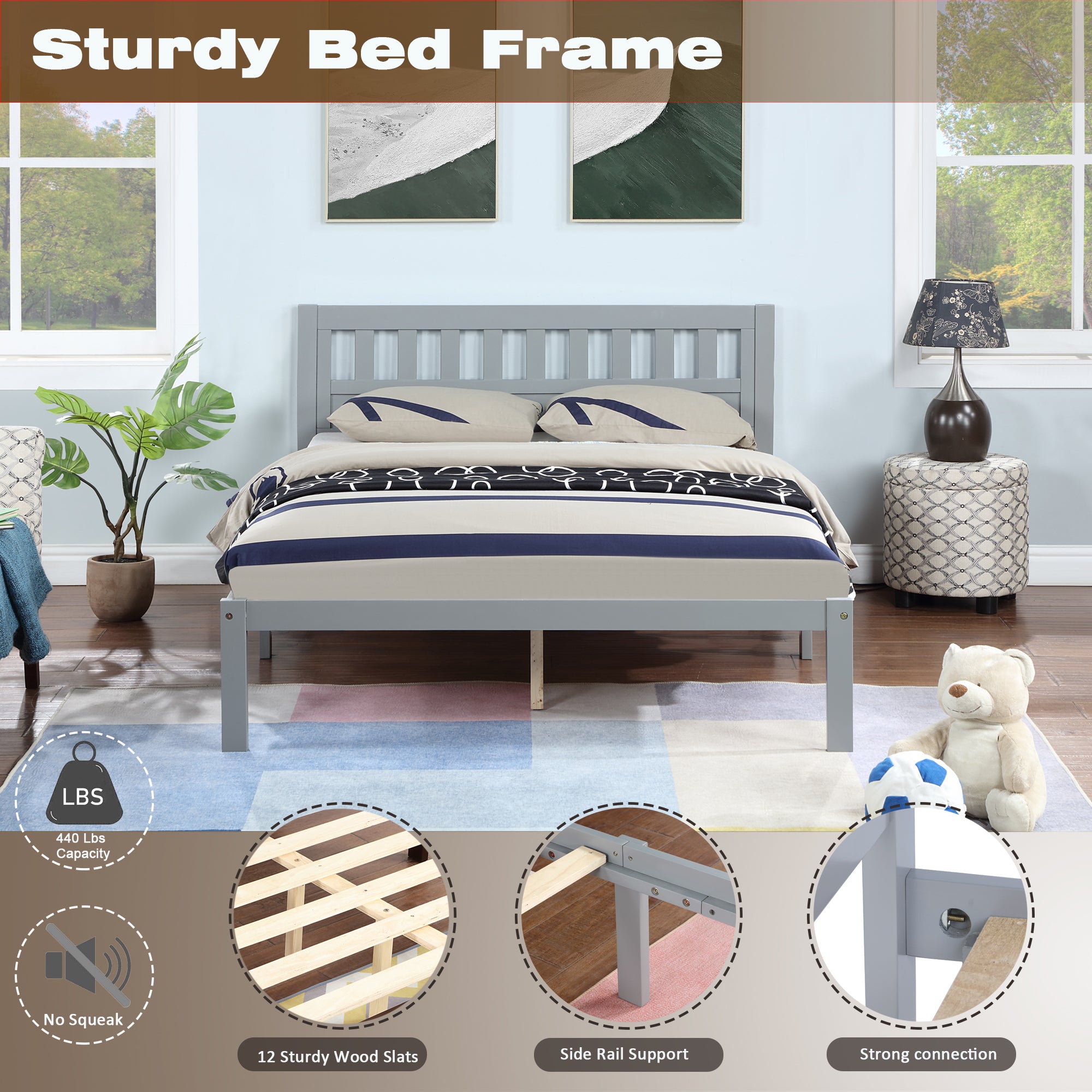 Full Size Bed, Wood Platform Bed Frame with Headboard For Kids, Slatted, Gray - Atlantic Fine Furniture Melbourne FL