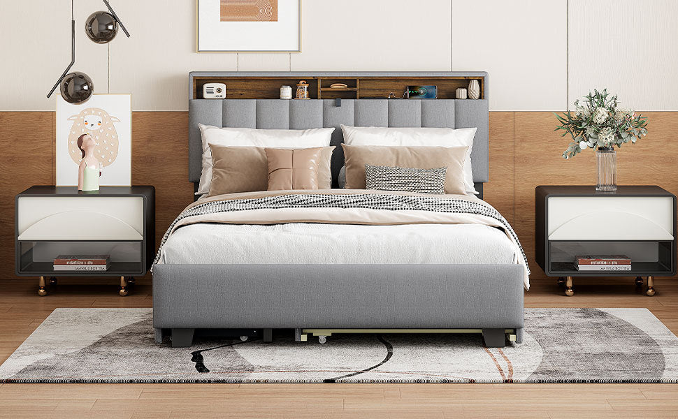 Queen size Upholstered Platform Bed with Storage Headboard, Twin XL Size Trundle & 2 drawers and a set of Sockets & USB Ports, Linen Fabric, Gray - Atlantic Fine Furniture Melbourne FL
