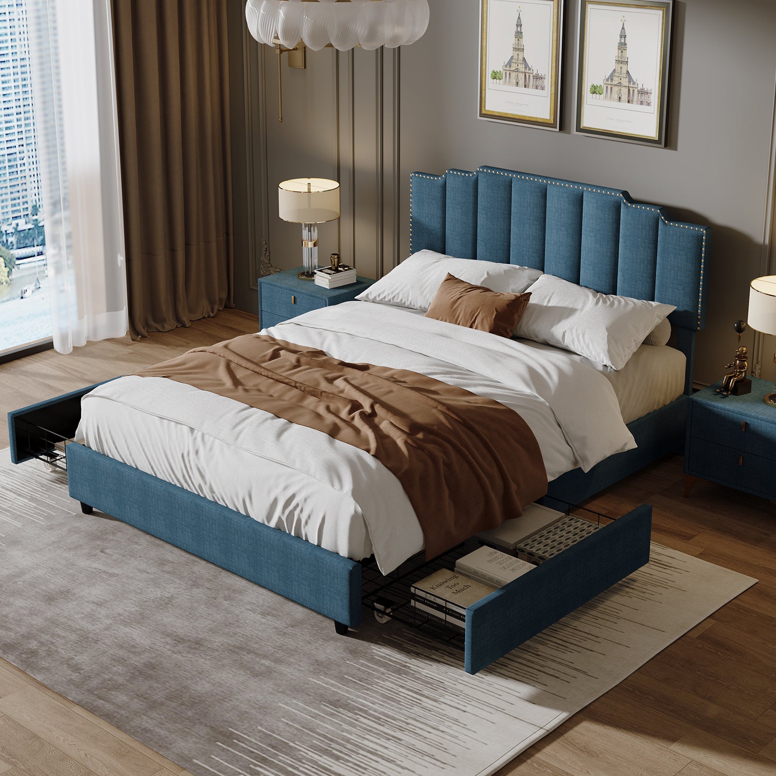 Queen Size Upholstered Platform Bed Linen Bed Frame with 2 Drawers Stitched Padded Headboard with Rivets Design Strong Bed Slats System No Box Spring Needed Blue - Atlantic Fine Furniture Melbourne FL